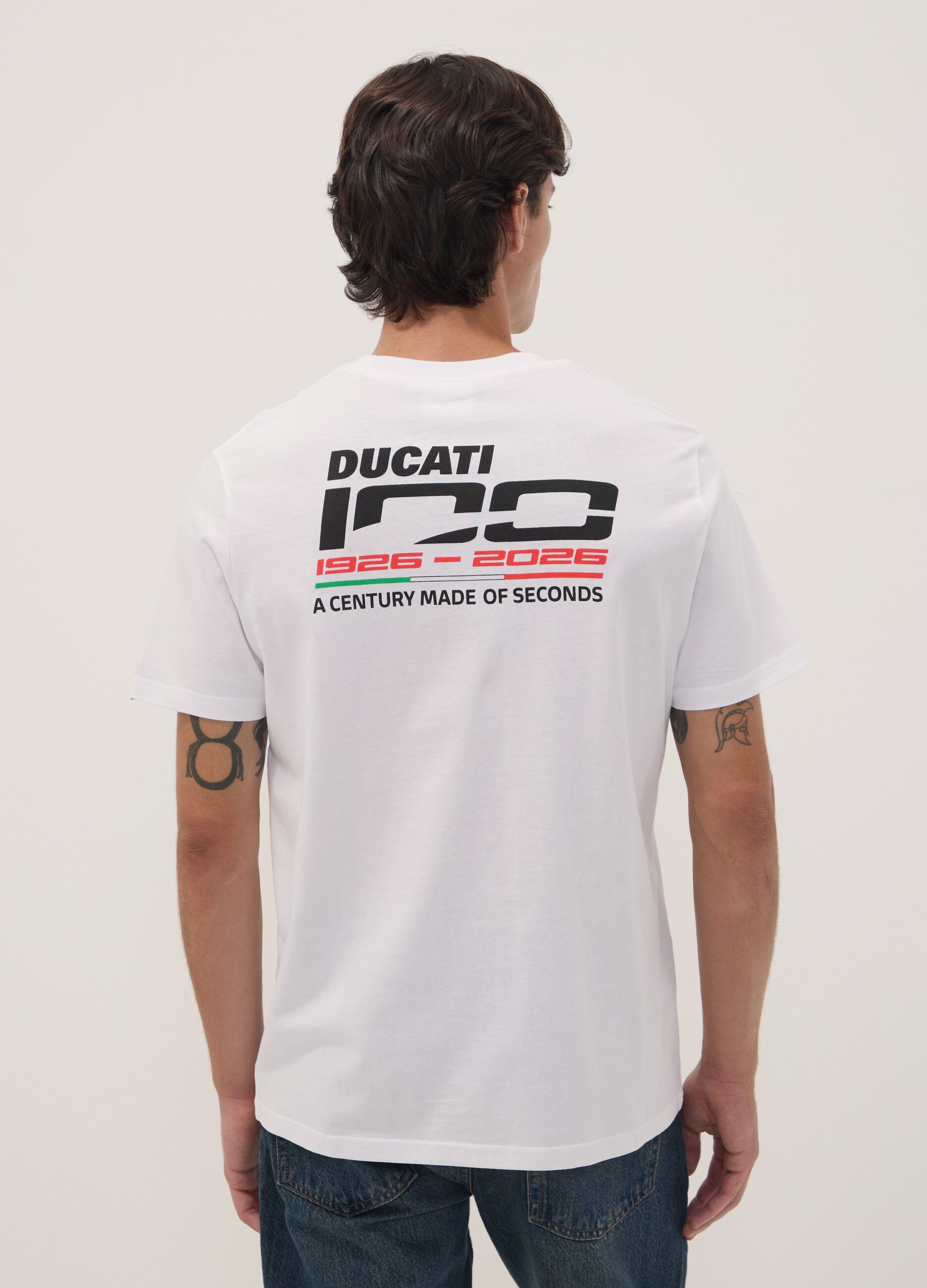 White pure cotton crew-neck T-shirt with Ducati print, regular fit