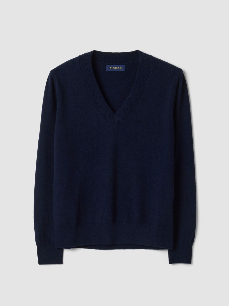 Blue pure wool jumper with deep V-neck_0
