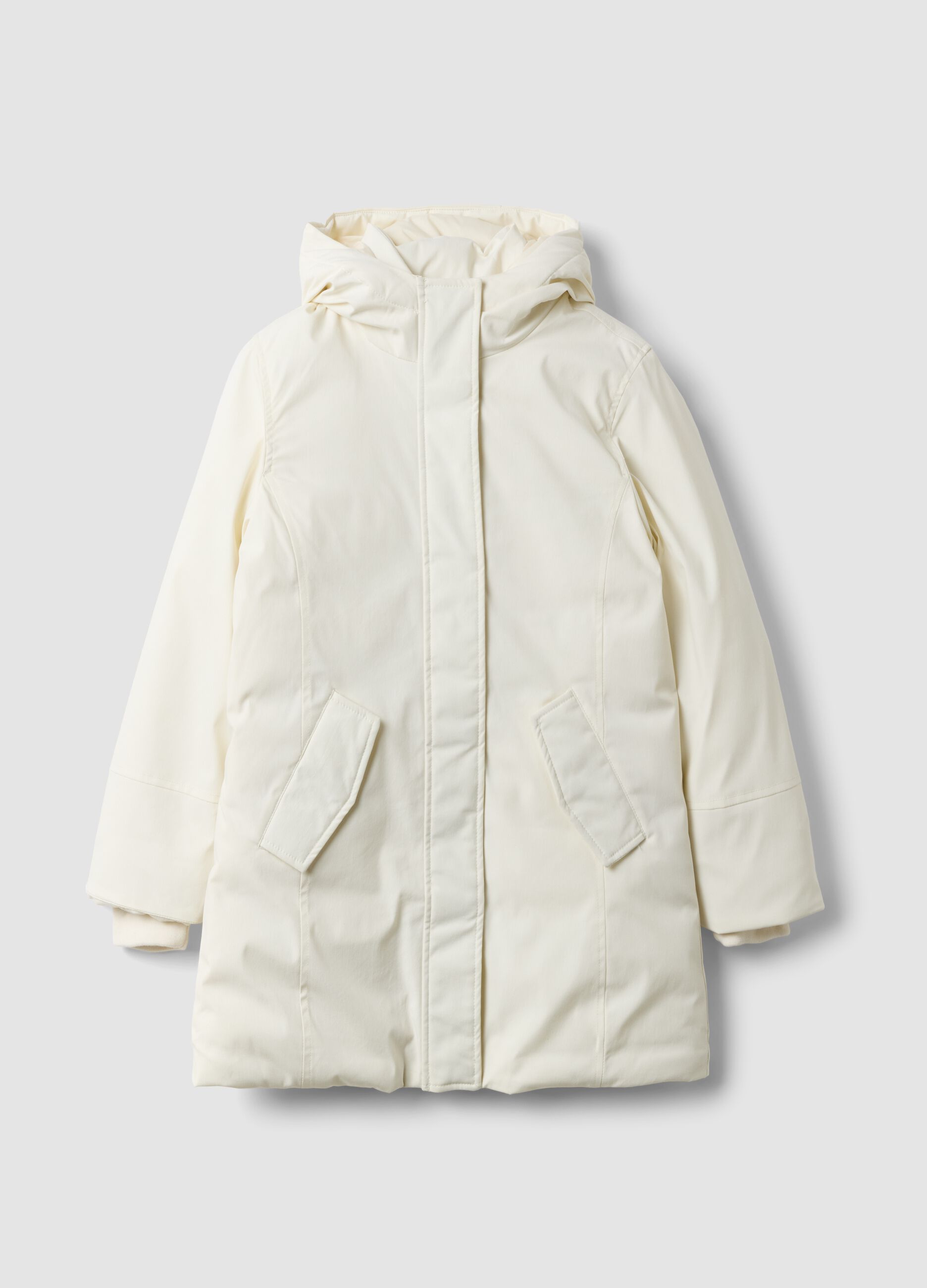 White padded jacket with hood and zip