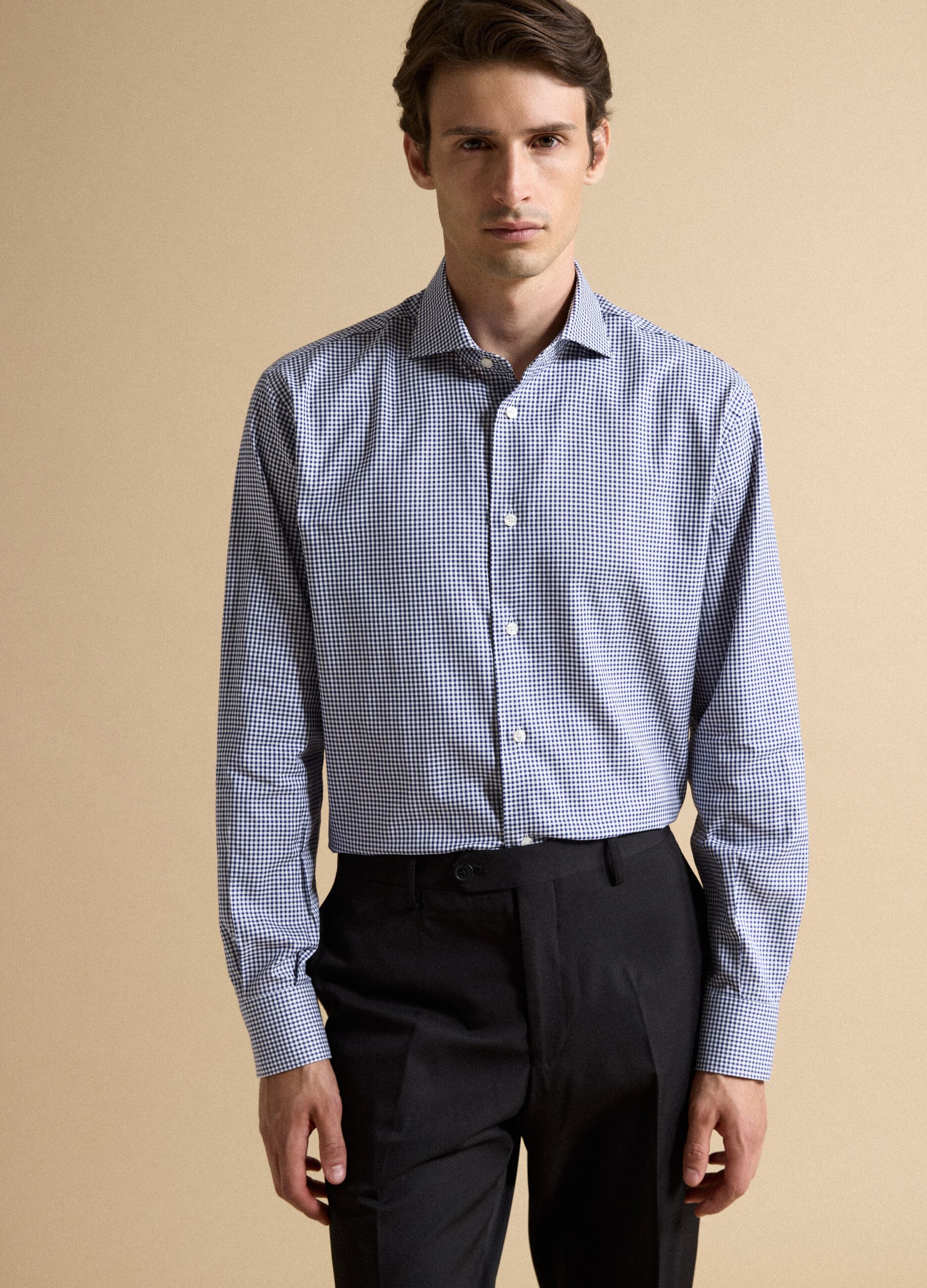 Blue cotton oxford checked shirt, regular fit