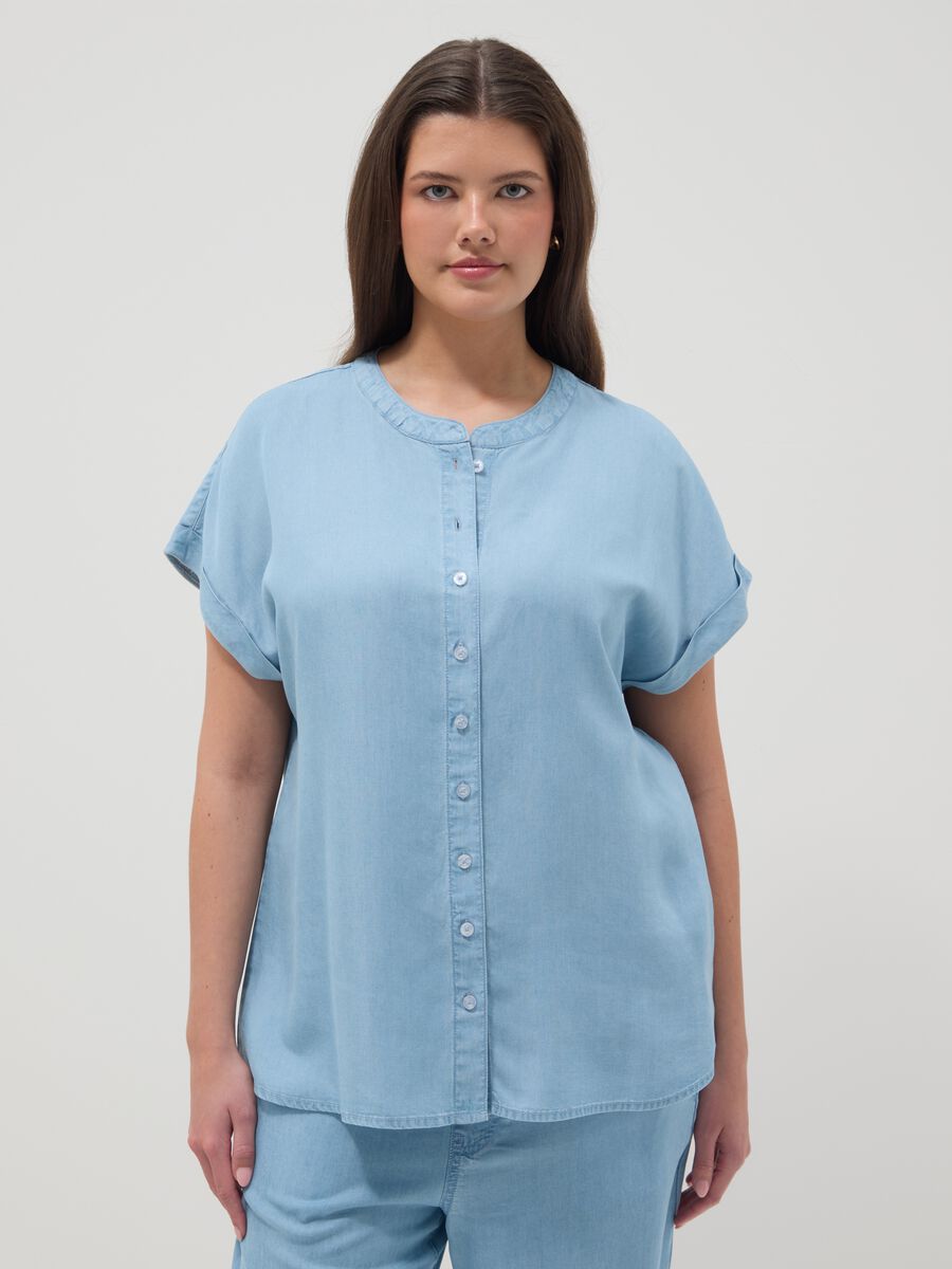 Regular fit pure lyocell blue blouse with mandarin collar_0