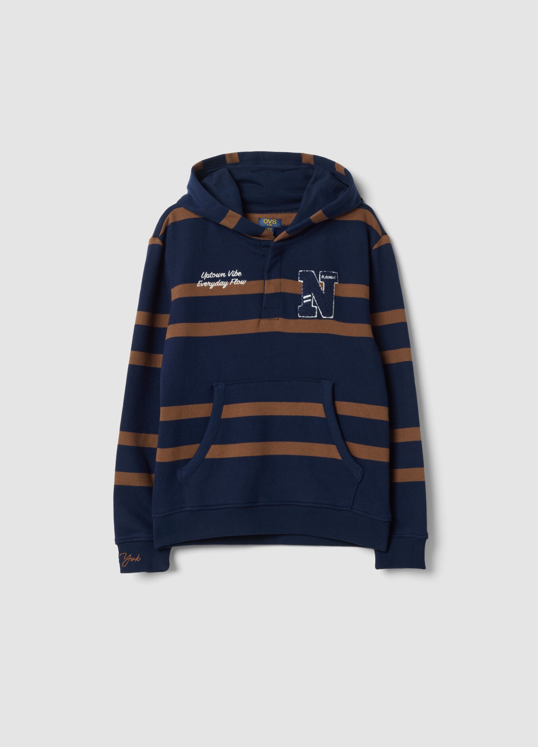 Navy and brown pure cotton fleece hoodie, relaxed fit