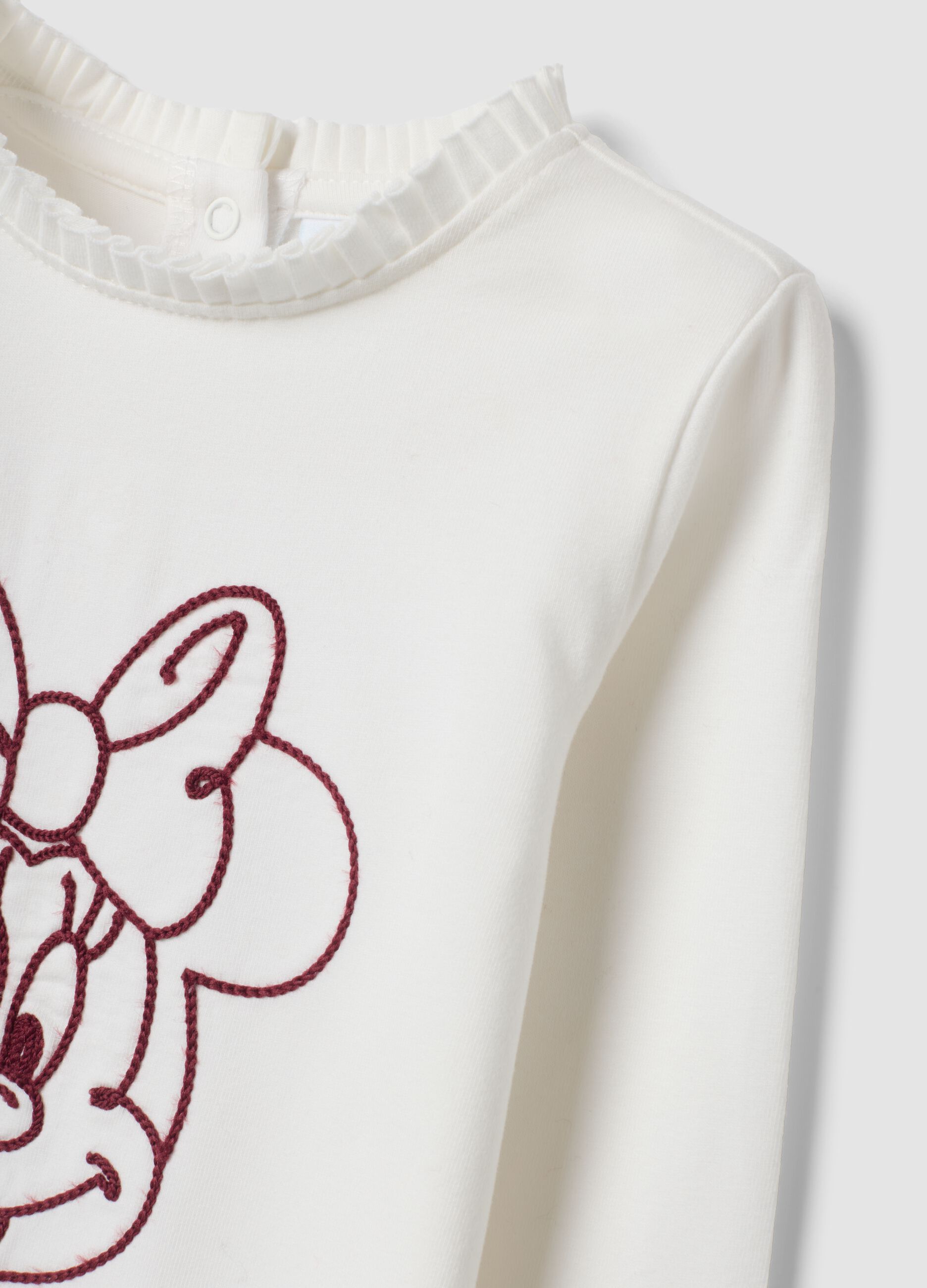 White stretch organic cotton T-shirt with Minnie embroidery