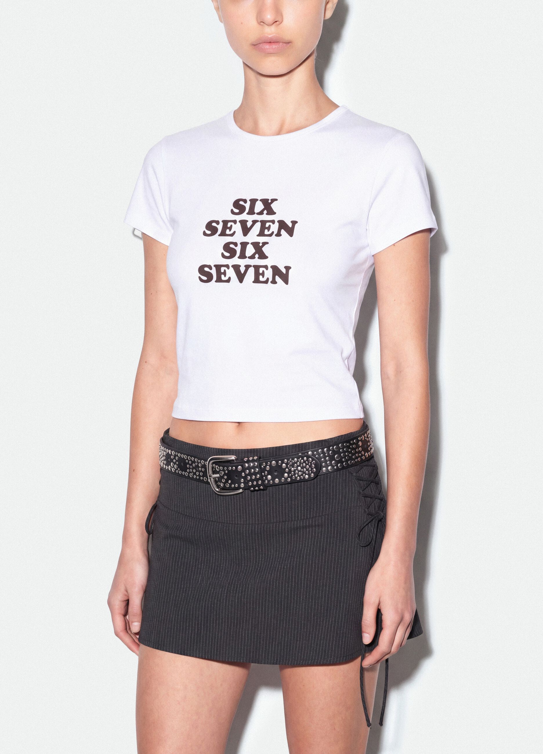 White fitted pure cotton T-shirt with Six Seven front print