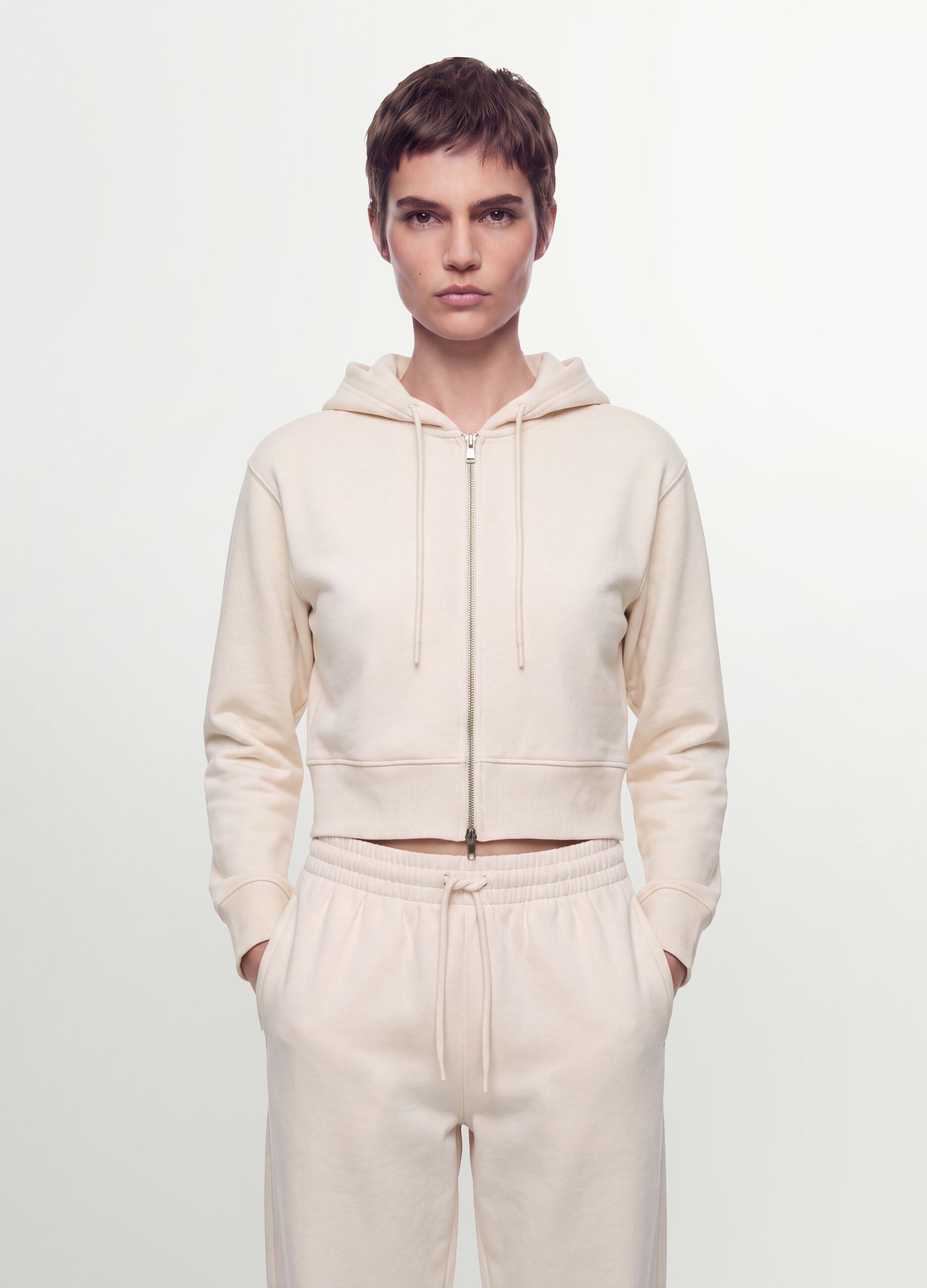 White fitted cotton-blend full-zip hoodie