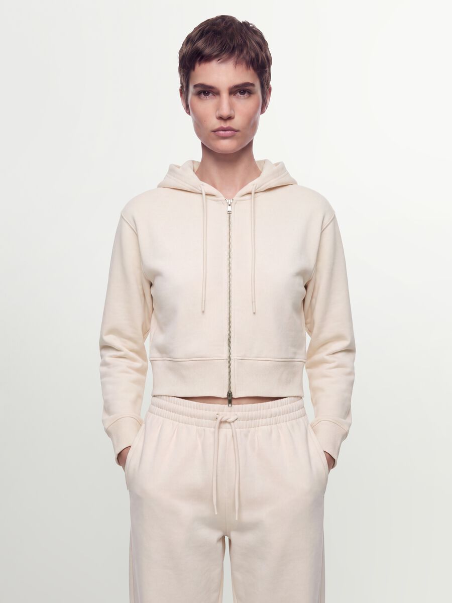 White cotton-blend fitted zip-up hoodie_0