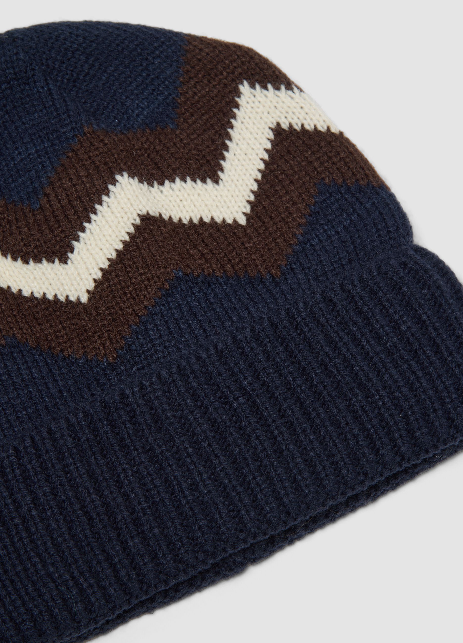 Blue and Brown Knitted Beanie with Pattern
