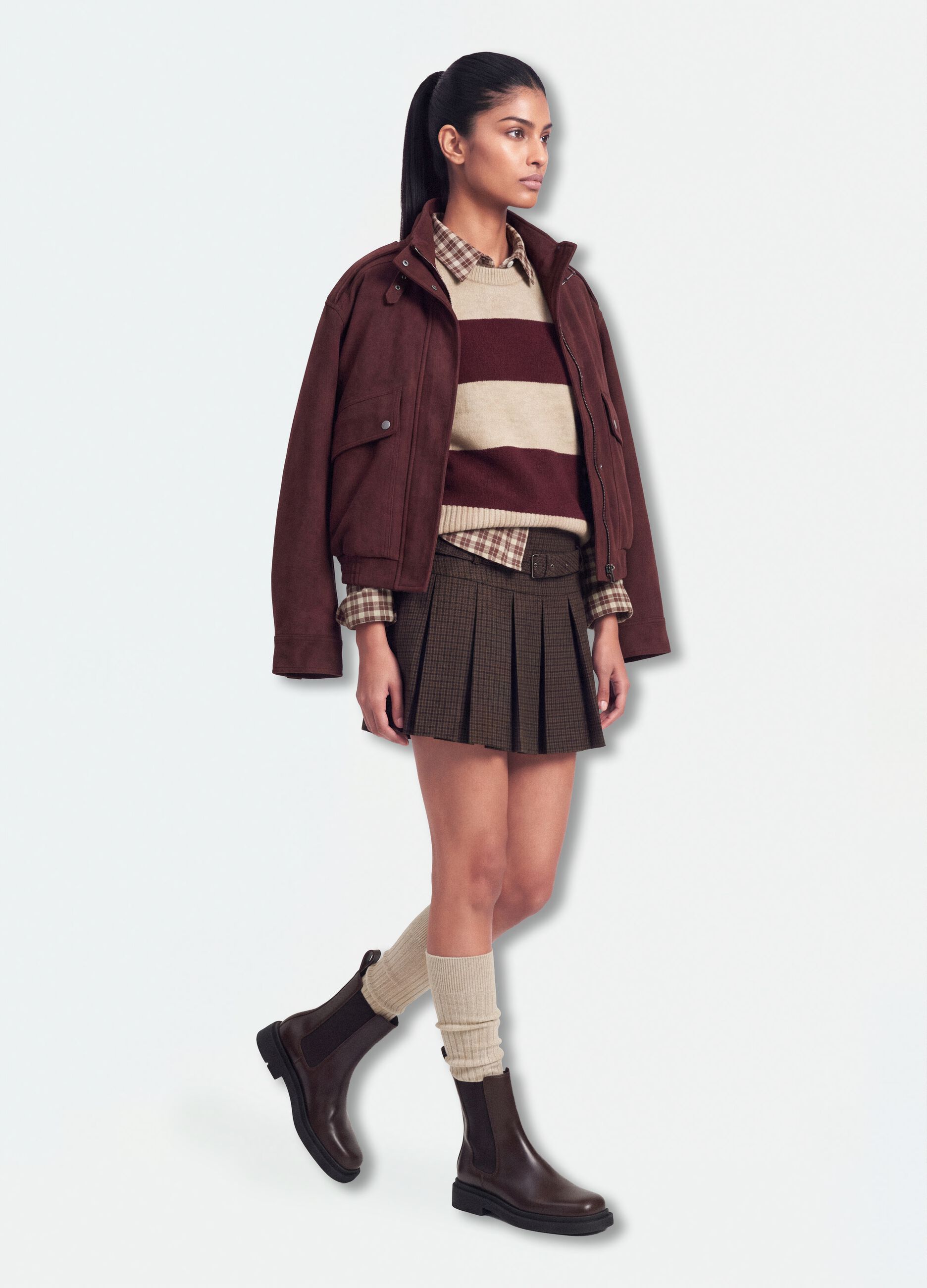 Beige striped stretch wool crew-neck jumper