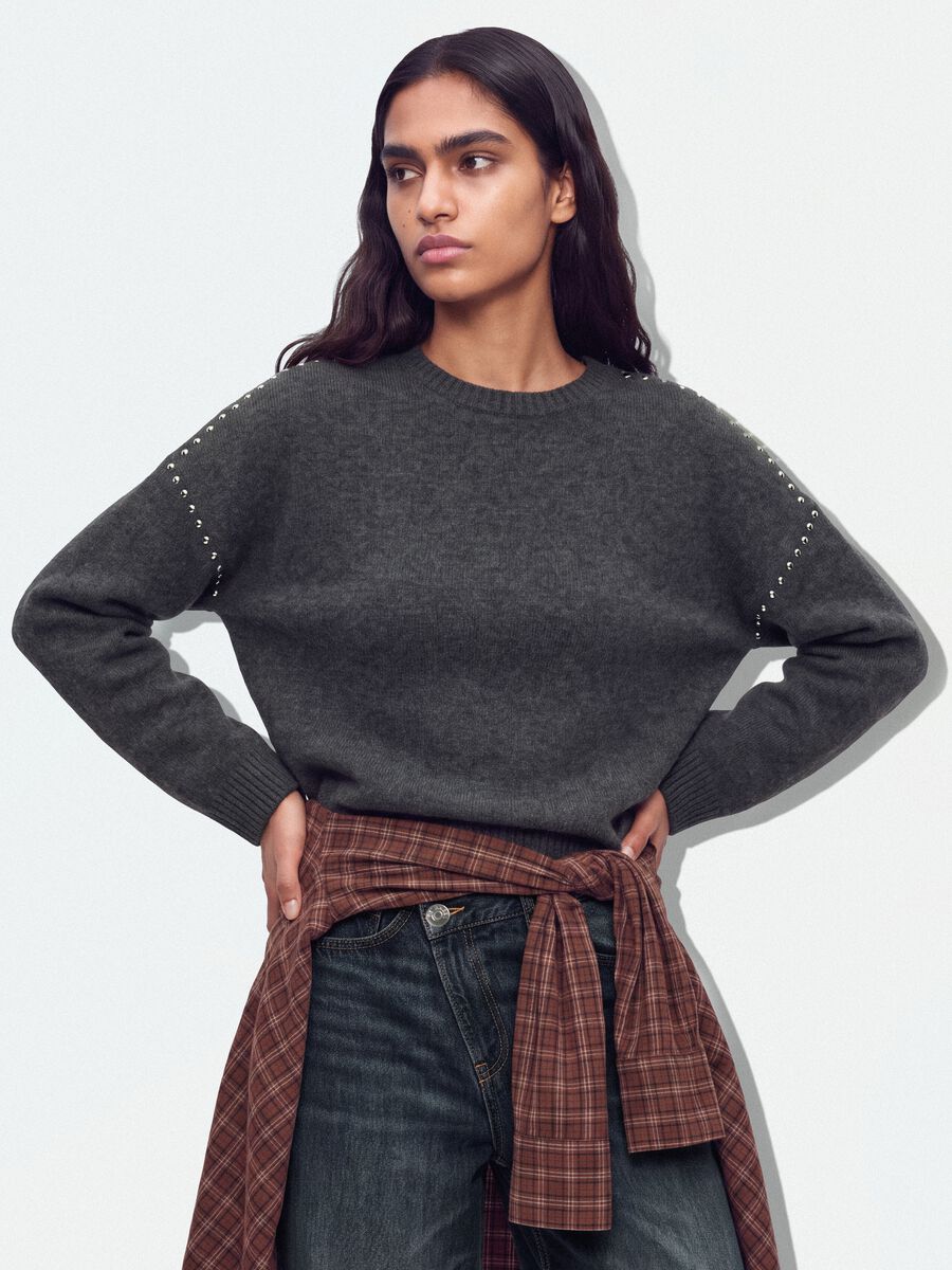 Grey stretch wool jumper with studded trims_0