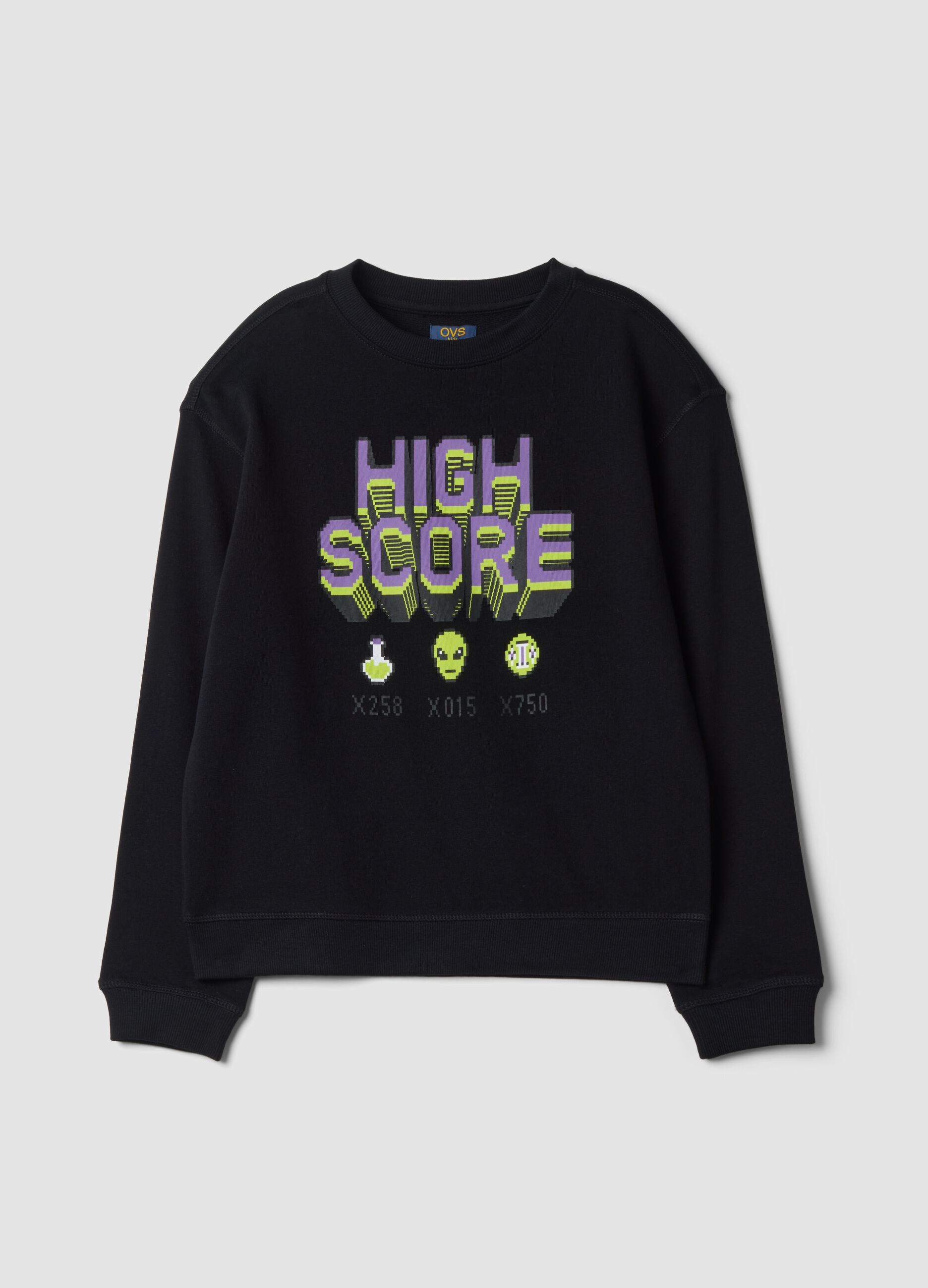 Black pure cotton sweatshirt with gaming print and crew neck