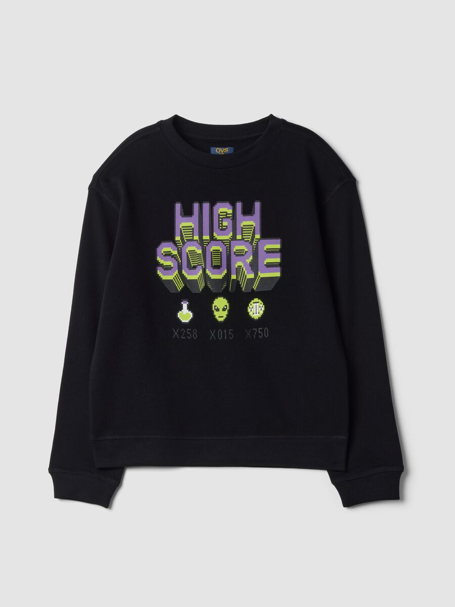 Black pure cotton sweatshirt with gaming print and crew neck_3