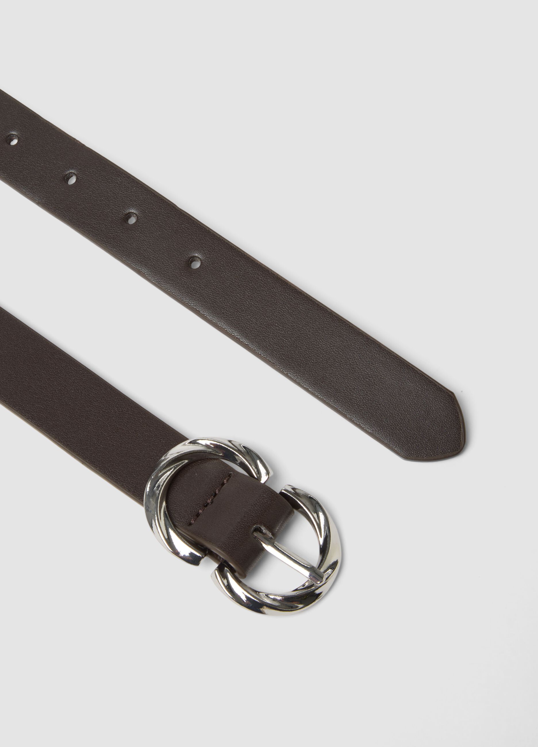 Slim brown belt with braided metal buckle