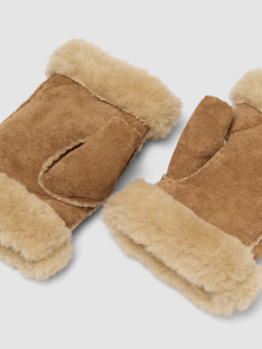 Tan lined gloves with shearling-effect trim_1