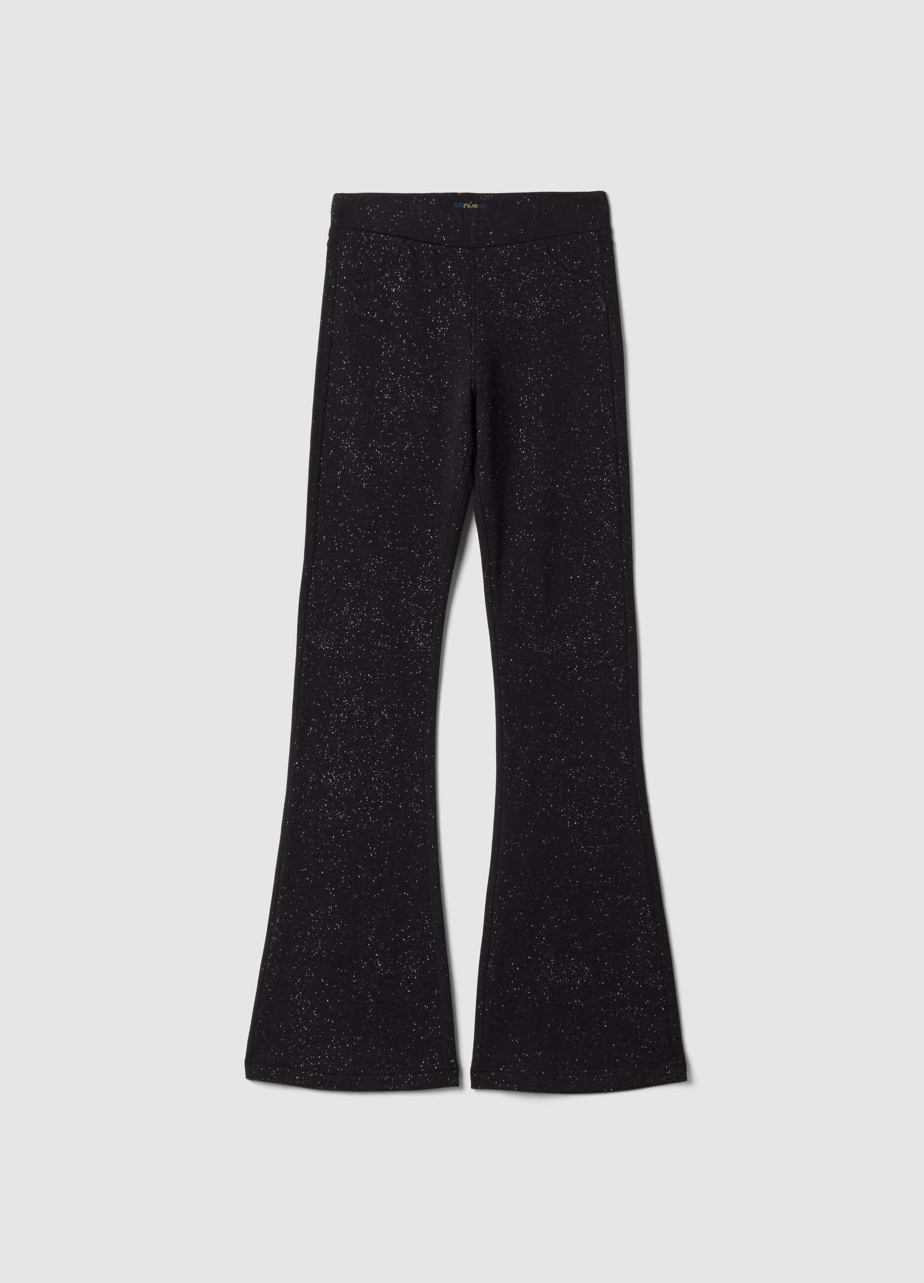 Black flared stretch-cotton trousers with glitter print