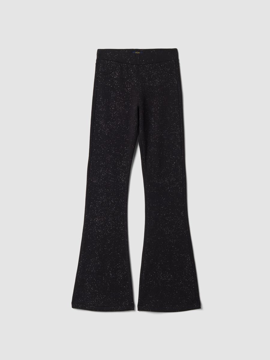 Black flared stretch-cotton trousers with glitter print_0