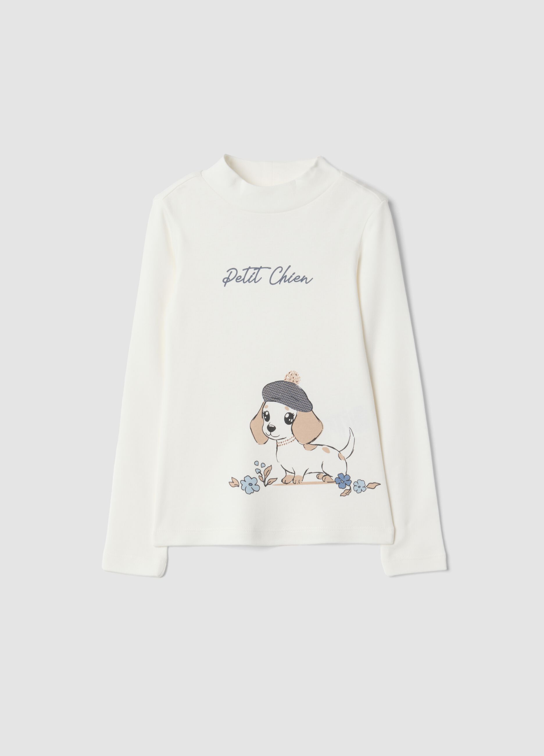 T-shirt bianca con collo rialzato in puro cotone organico con stampa