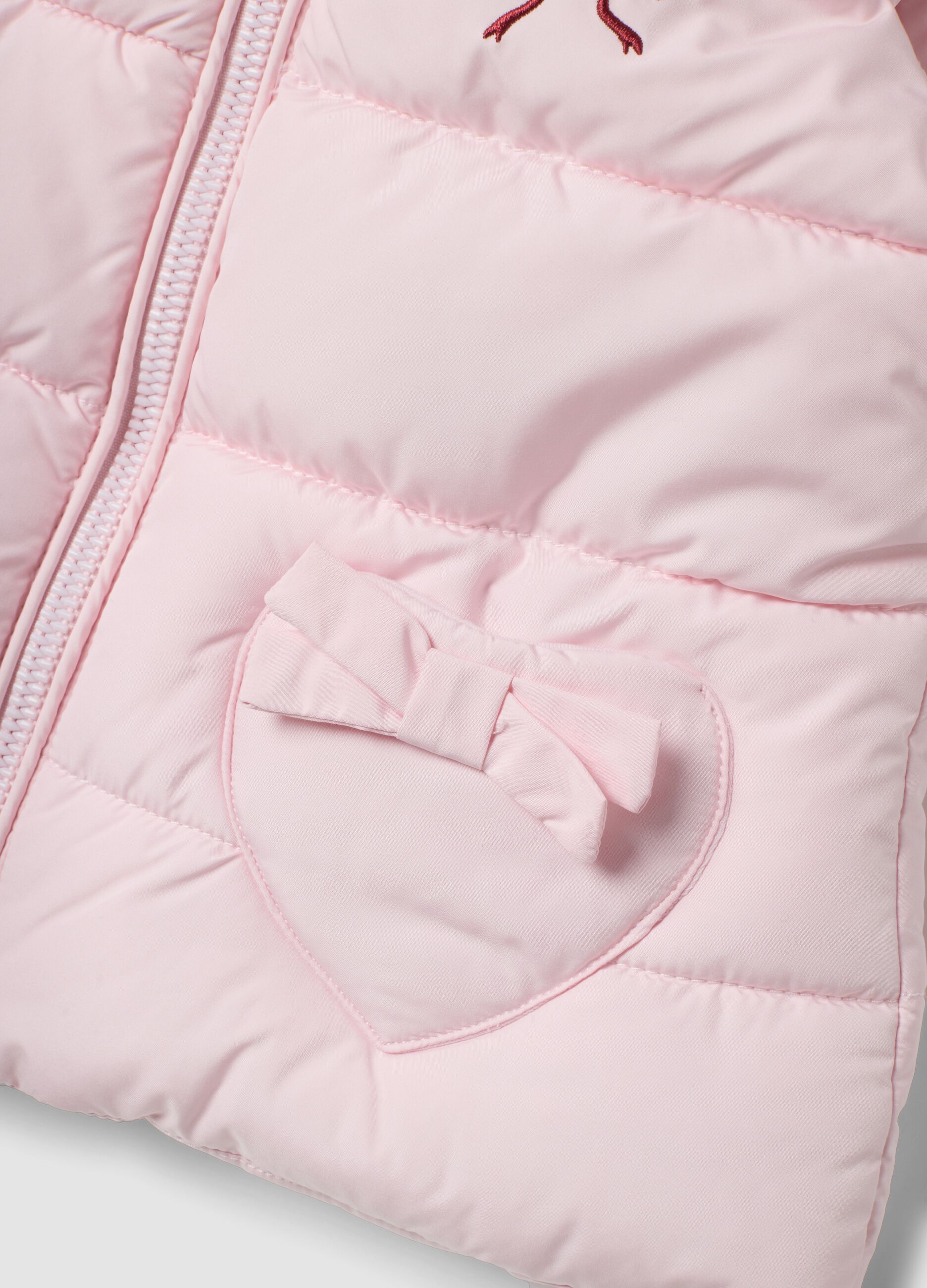 Gilet imbottito rosa con cappuccio e tasche a cuore e ricamo Minnie