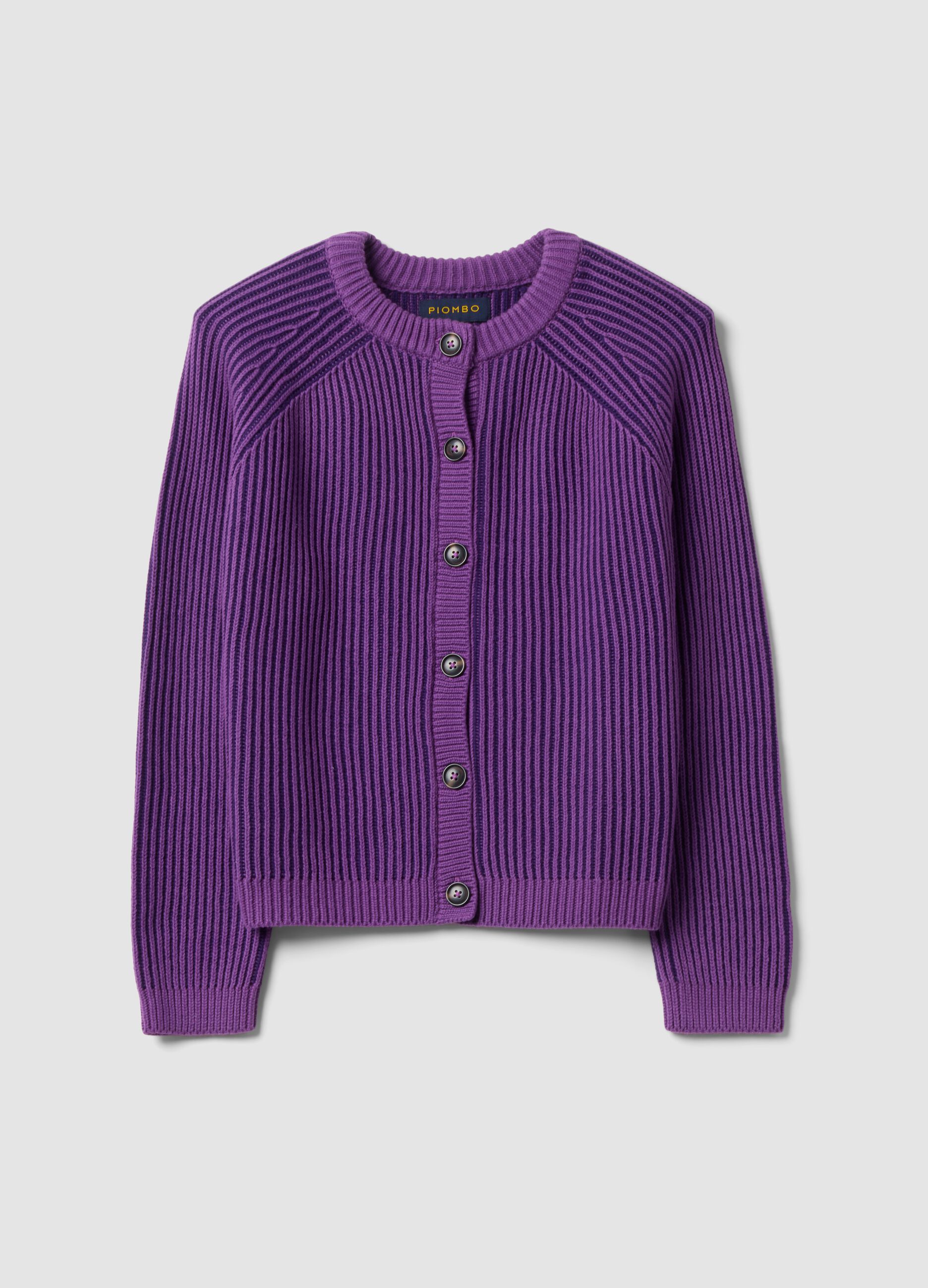 Cardigan viola in puro cotone a coste con girocollo
