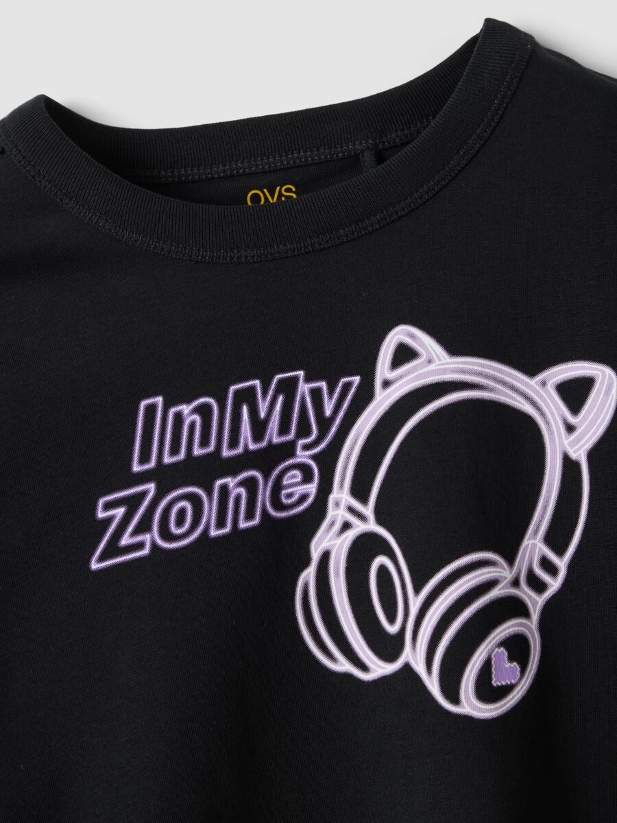 Girls&rsquo; black organic cotton crop T-shirt with ribbed neck_4