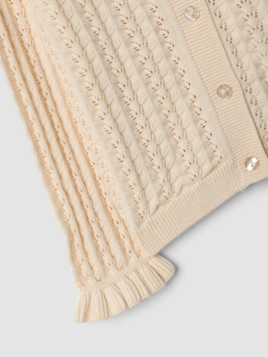 Beige pure cotton openwork knit cardigan for baby girl_3