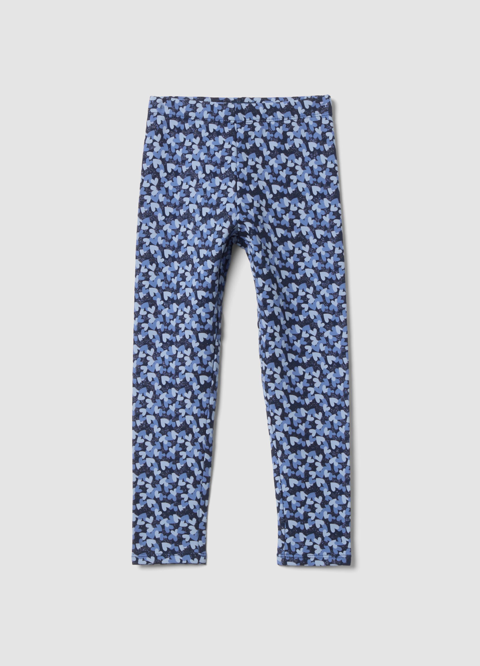 Leggings blu skinny in cotone organico elasticizzato con fantasia a cuori