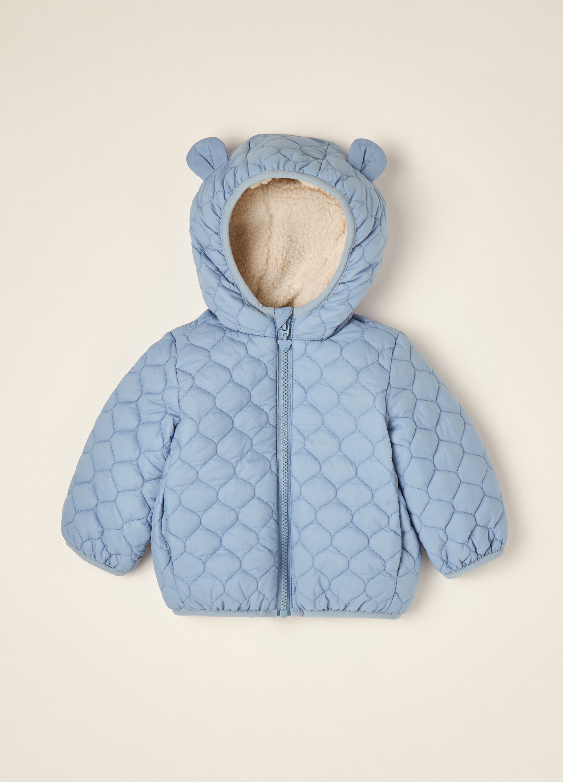 Blue quilted hooded jacket with bear ears