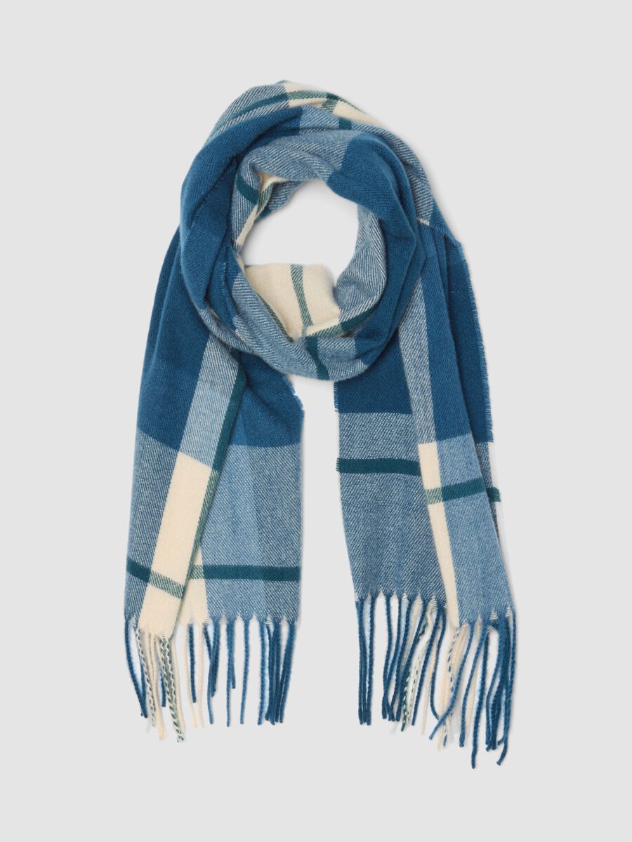 Light blue, petrol blue and ecru checked scarf_0