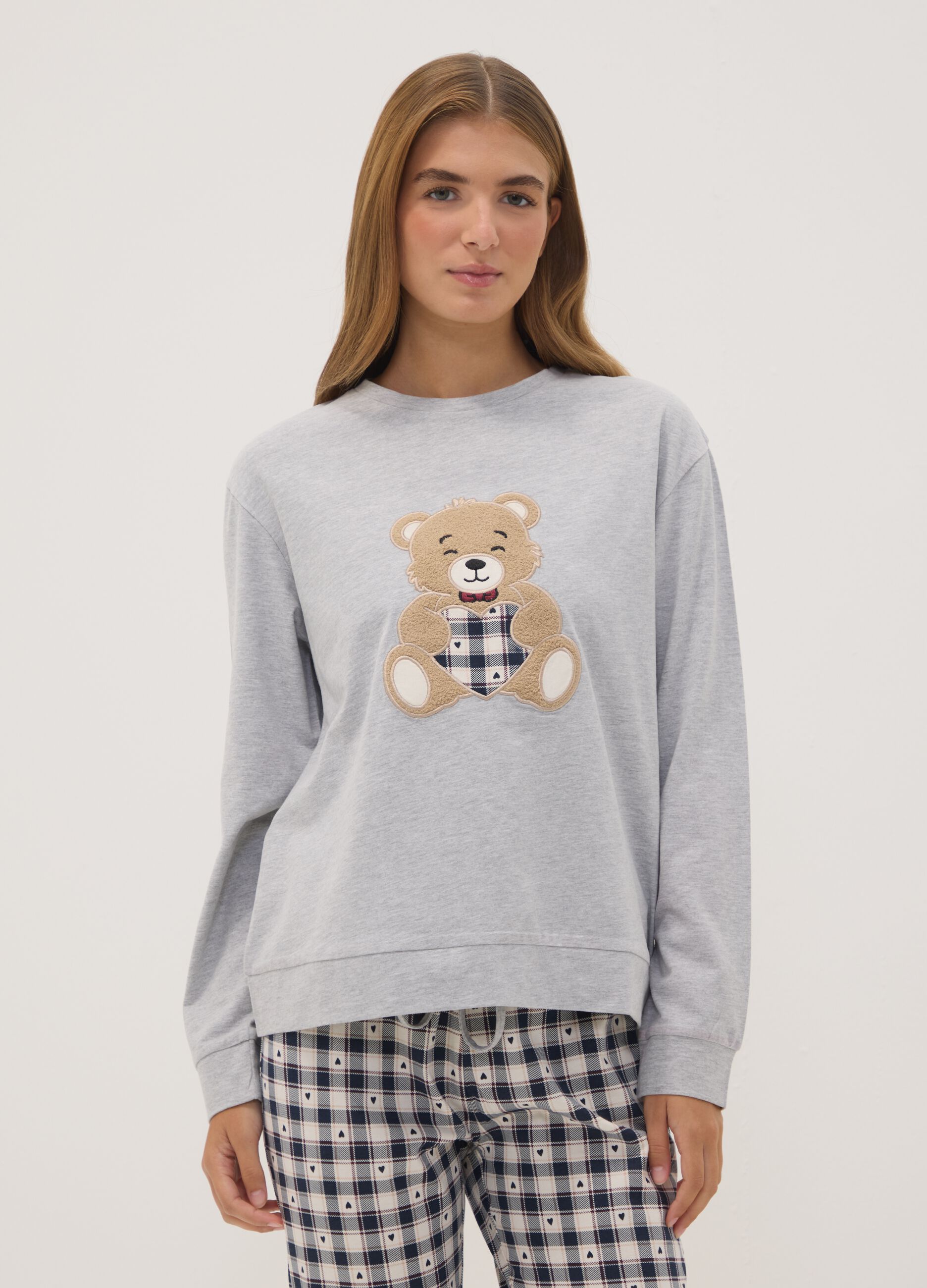 Grey marl pyjamas in organic cotton and viscose blend with crew neck