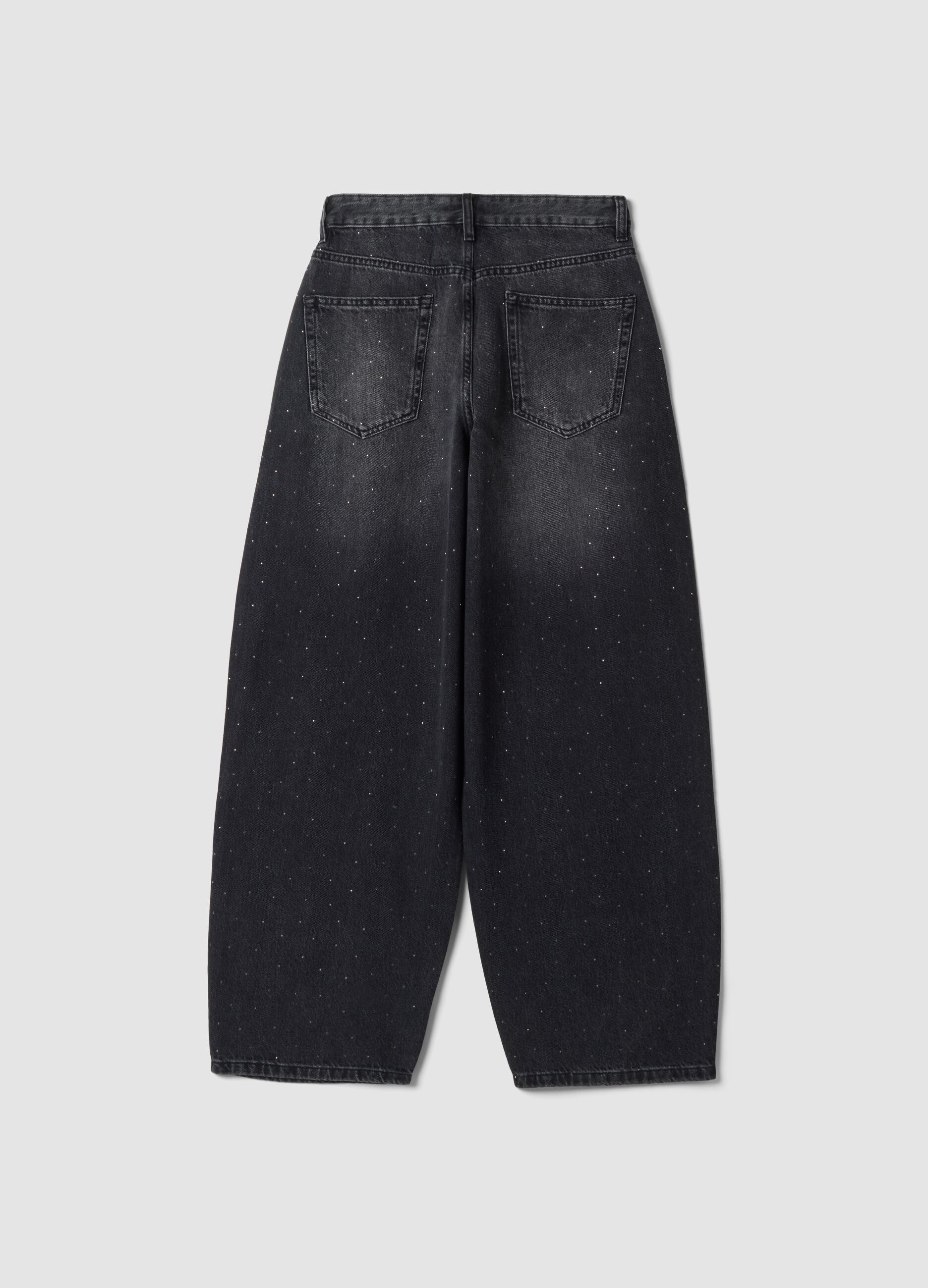 Black pure-cotton skater-fit jeans with rhinestones