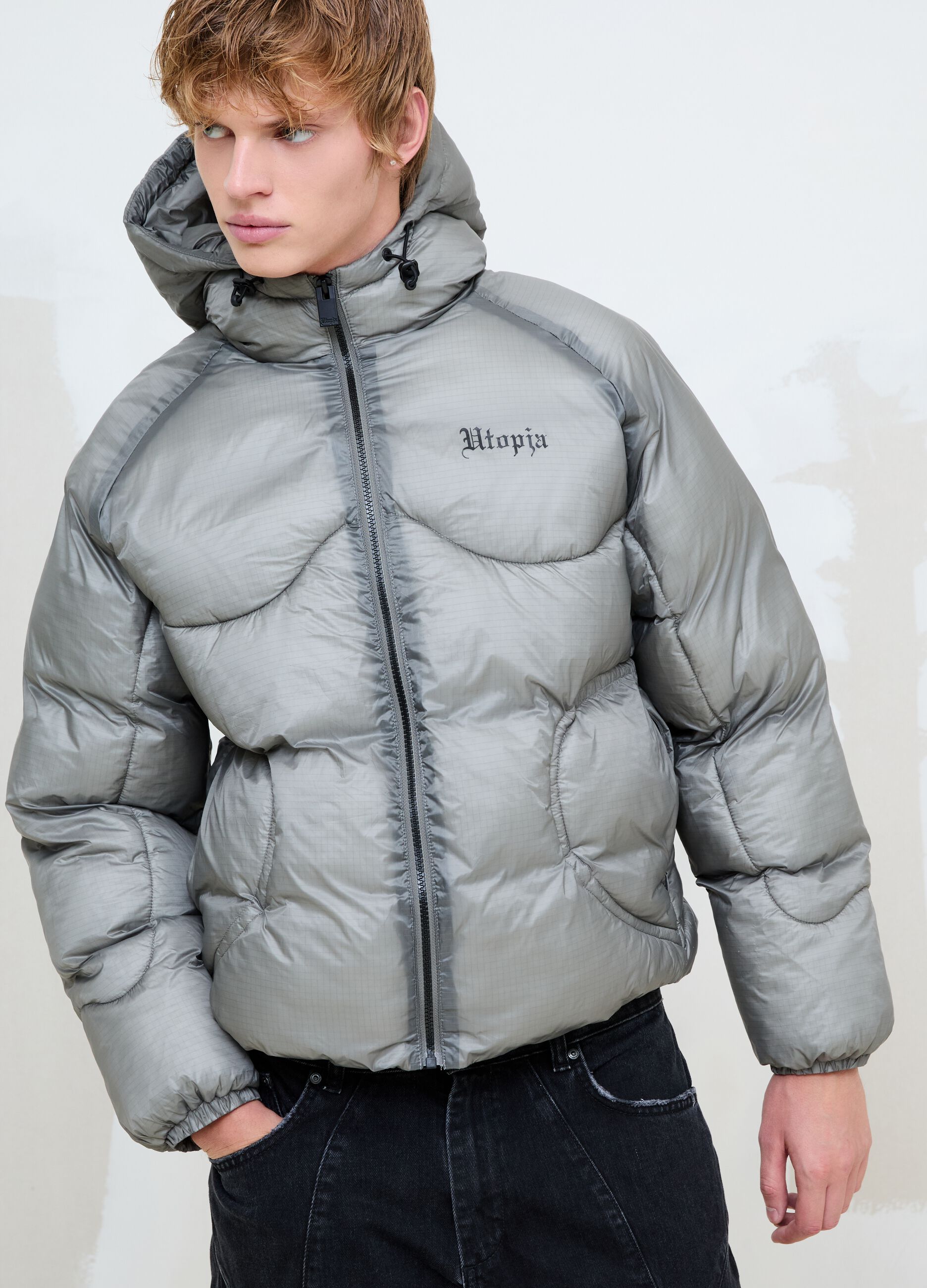 Nylon Ripstop Hooded Puffer Jacket in Grey