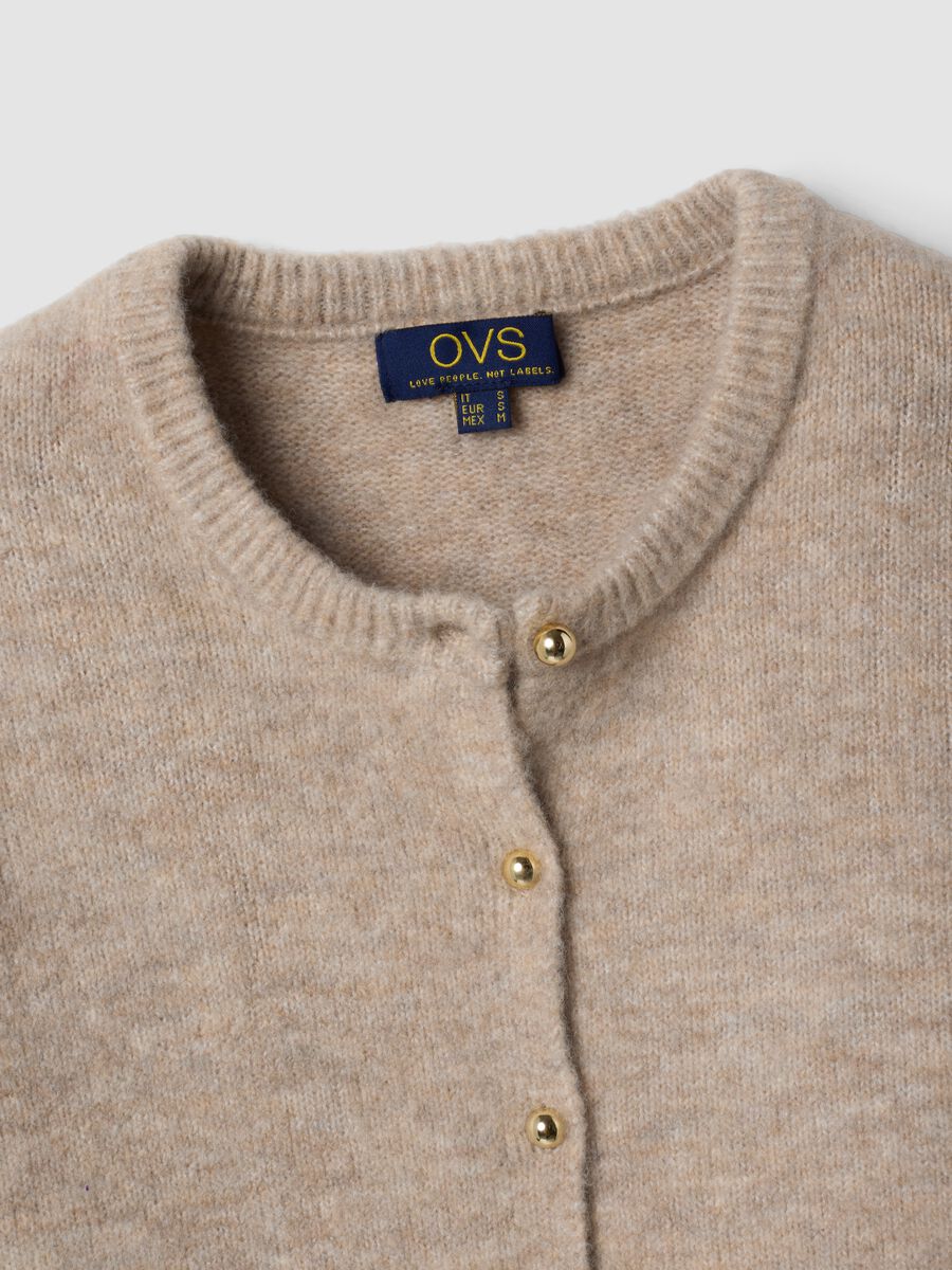 Beige stretch wool crew-neck cardigan, regular fit_5