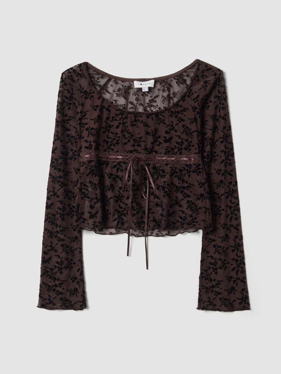 Brown stretch T-shirt with flocked floral pattern_0