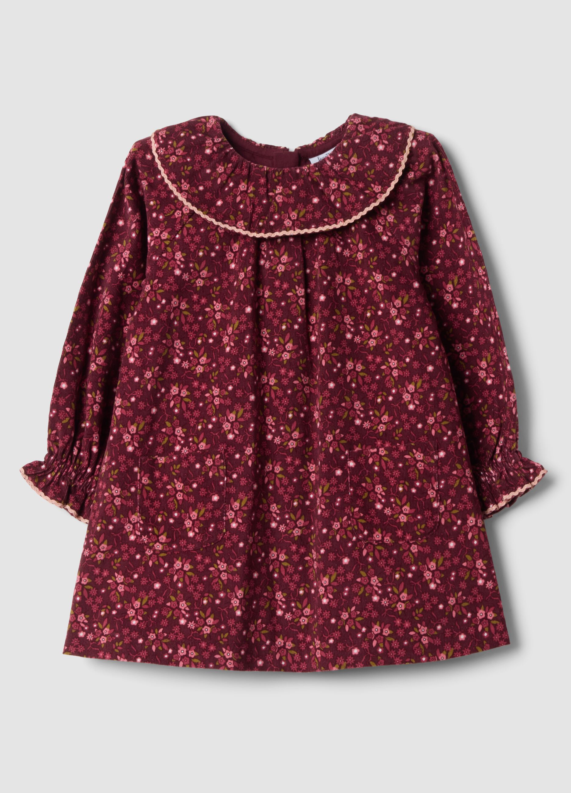 Burgundy red floral pure cotton crew-neck dress, regular fit