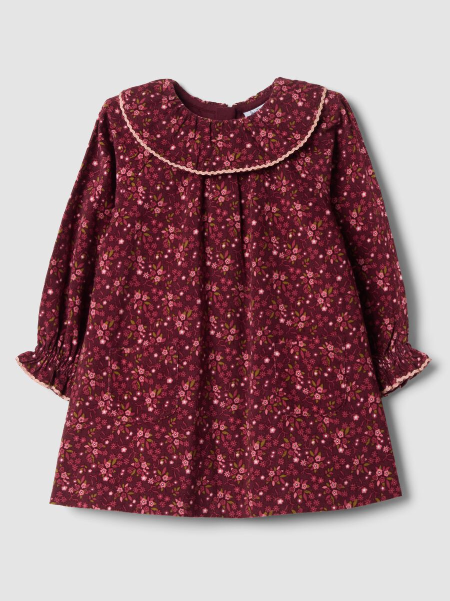 Burgundy red floral pure cotton crew-neck dress, regular fit_0