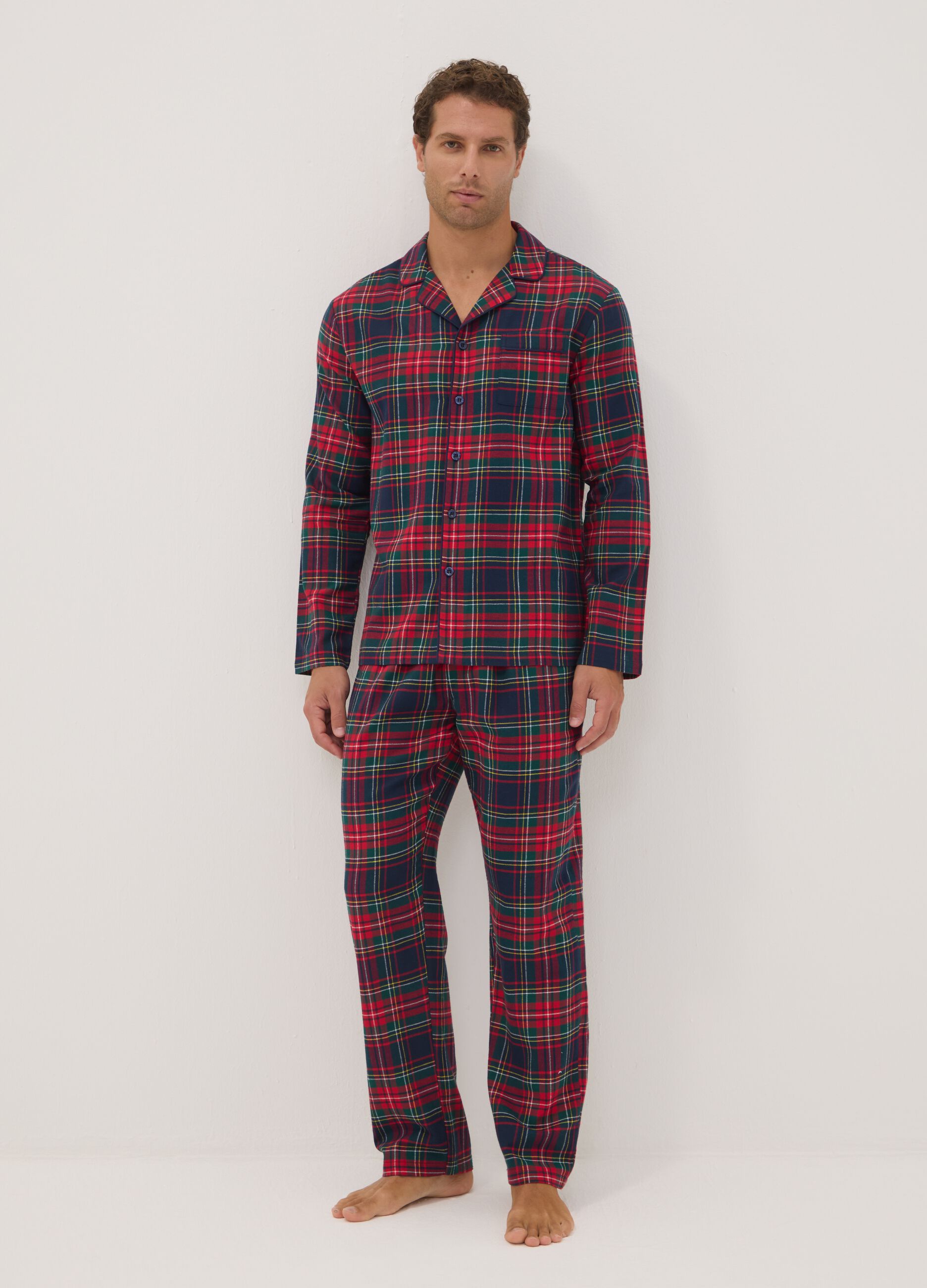 Pigiama rosso con colletto in flanella di puro cotone organico regular fit