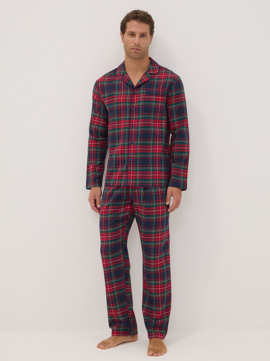 Red regular-fit pyjamas with collar in pure organic cotton flannel_0