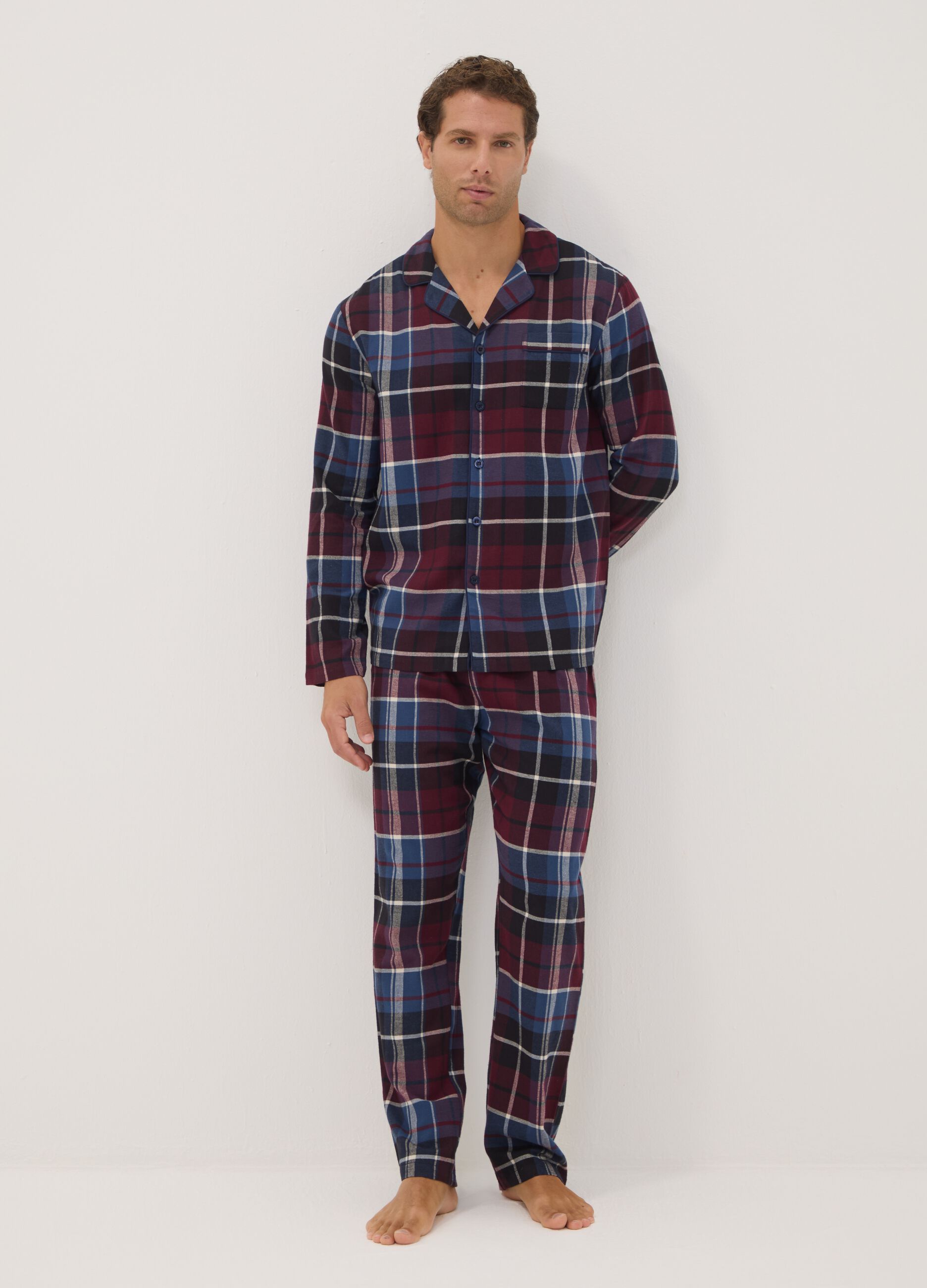 Pigiama rosso e blu in flanella di puro cotone organico regular fit