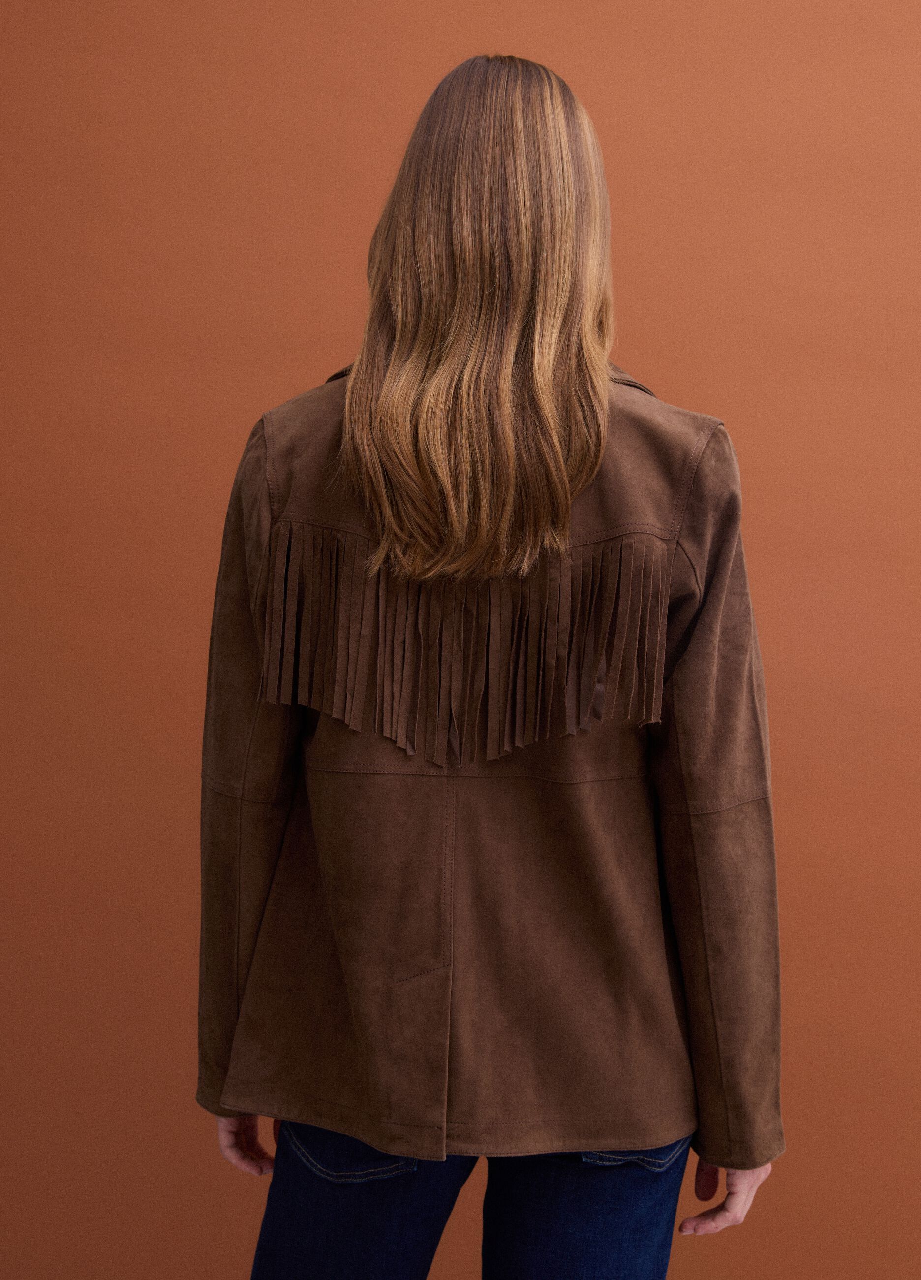 Brown fringed genuine leather jacket &ndash; regular fit