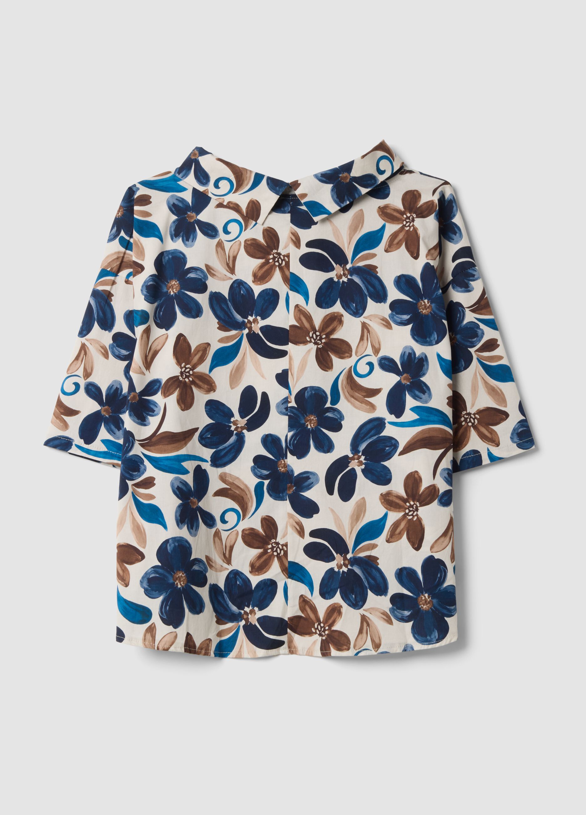 Blusa bianca in cotone elasticizzato con fantasia floreale regular fit