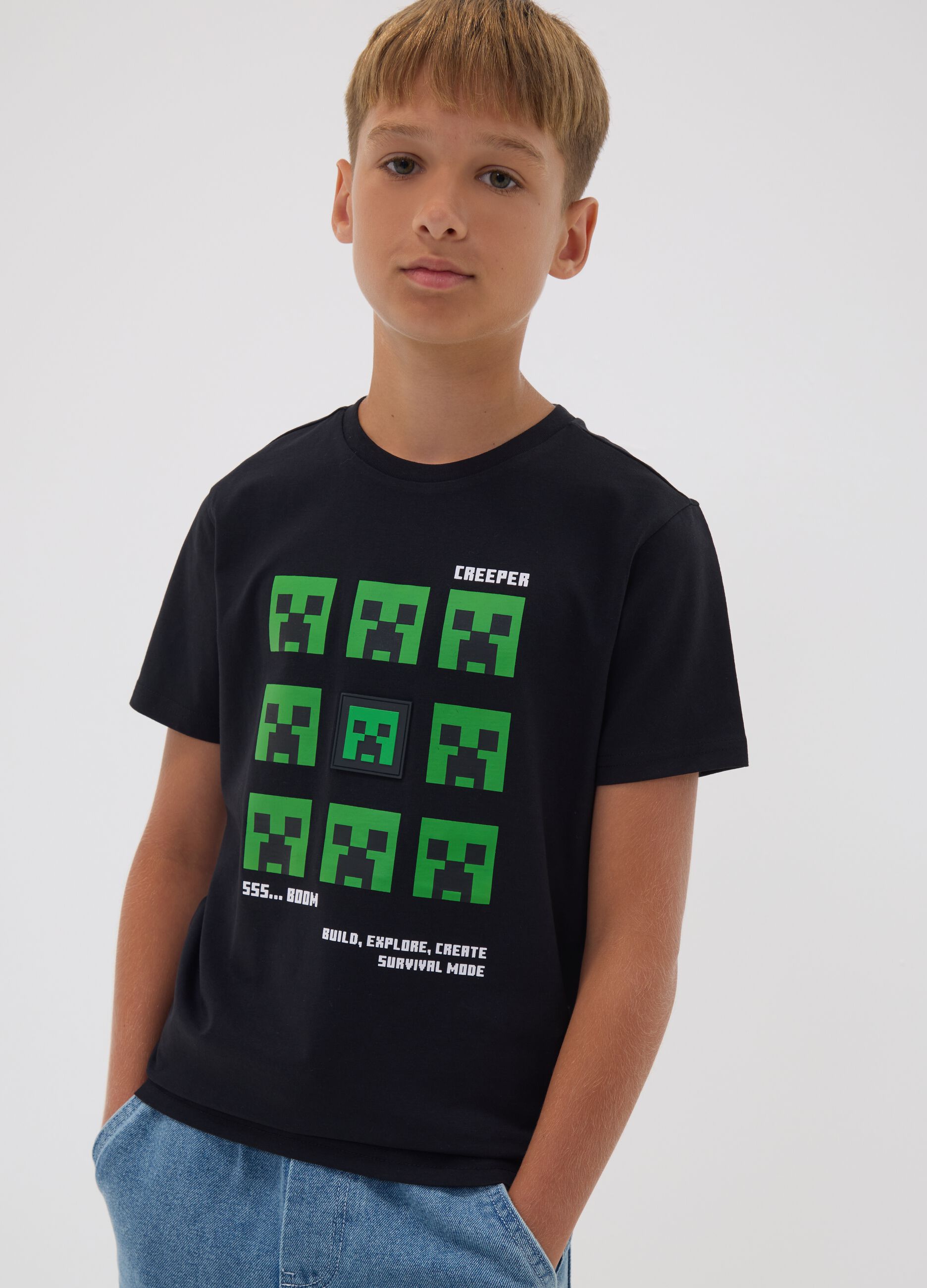 Black pure cotton Minecraft print T-shirt for boys