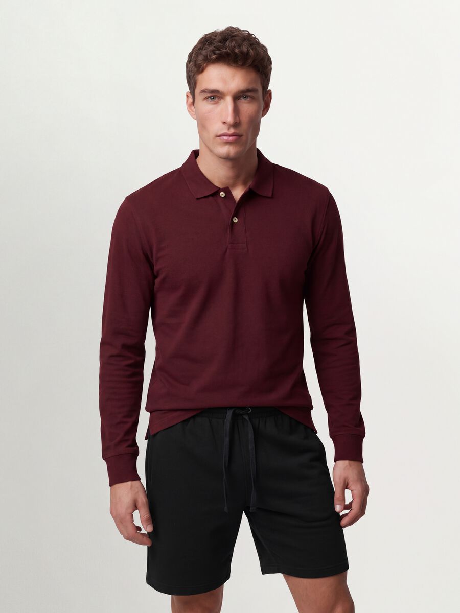 Red long-sleeve piqu&eacute; polo in pure organic cotton, regular fit_0