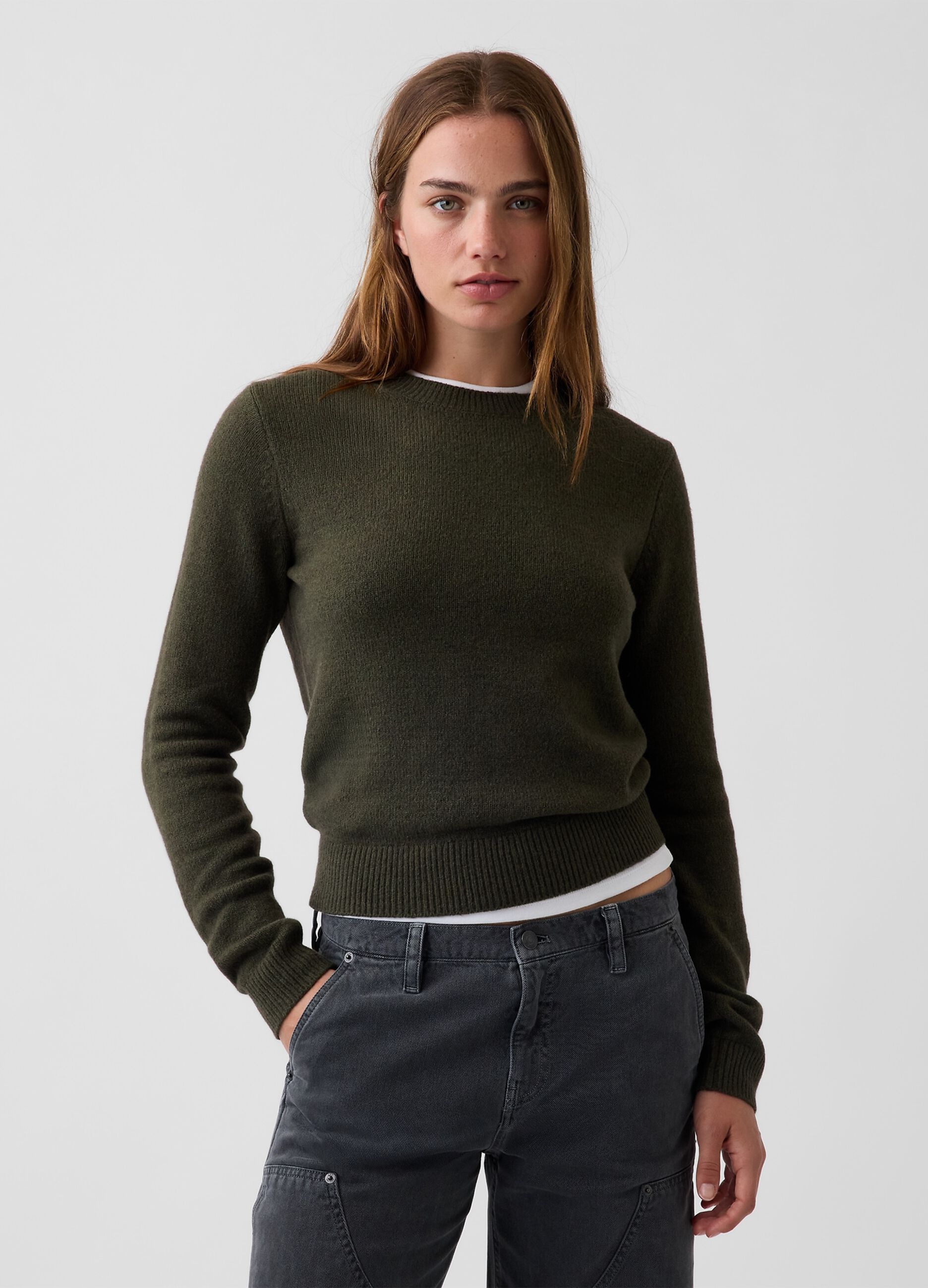 Dark green cotton-blend crew-neck jumper
