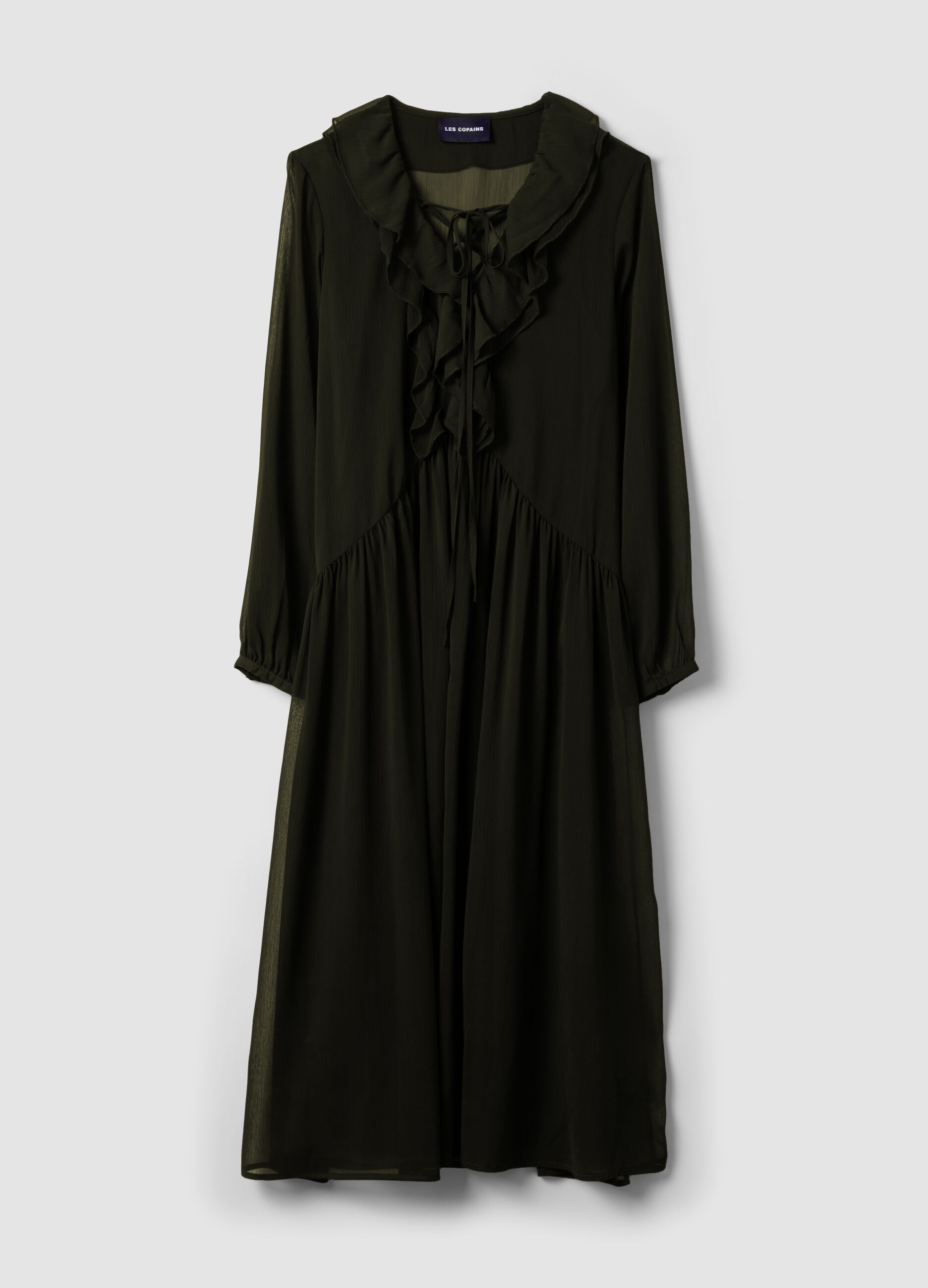 Black dress with deep V-neck and ruffles