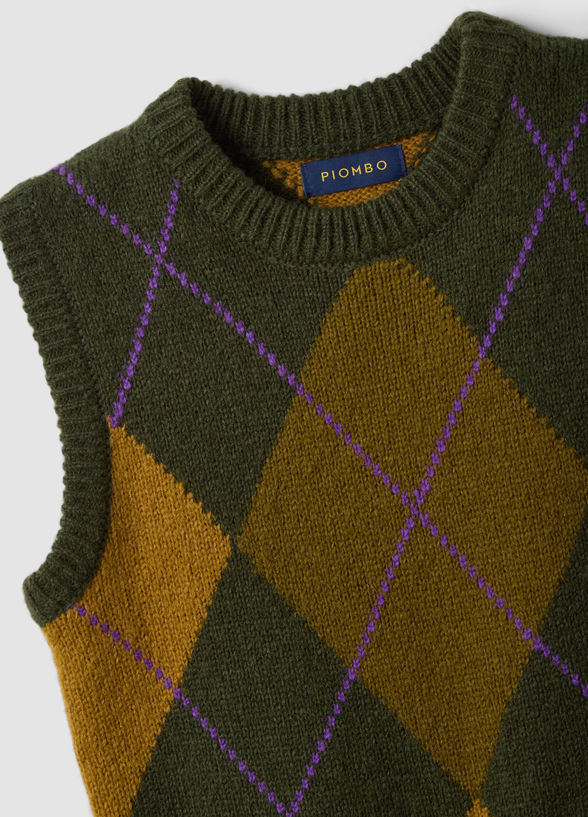 Green jacquard wool-blend crew-neck gilet, regular fit