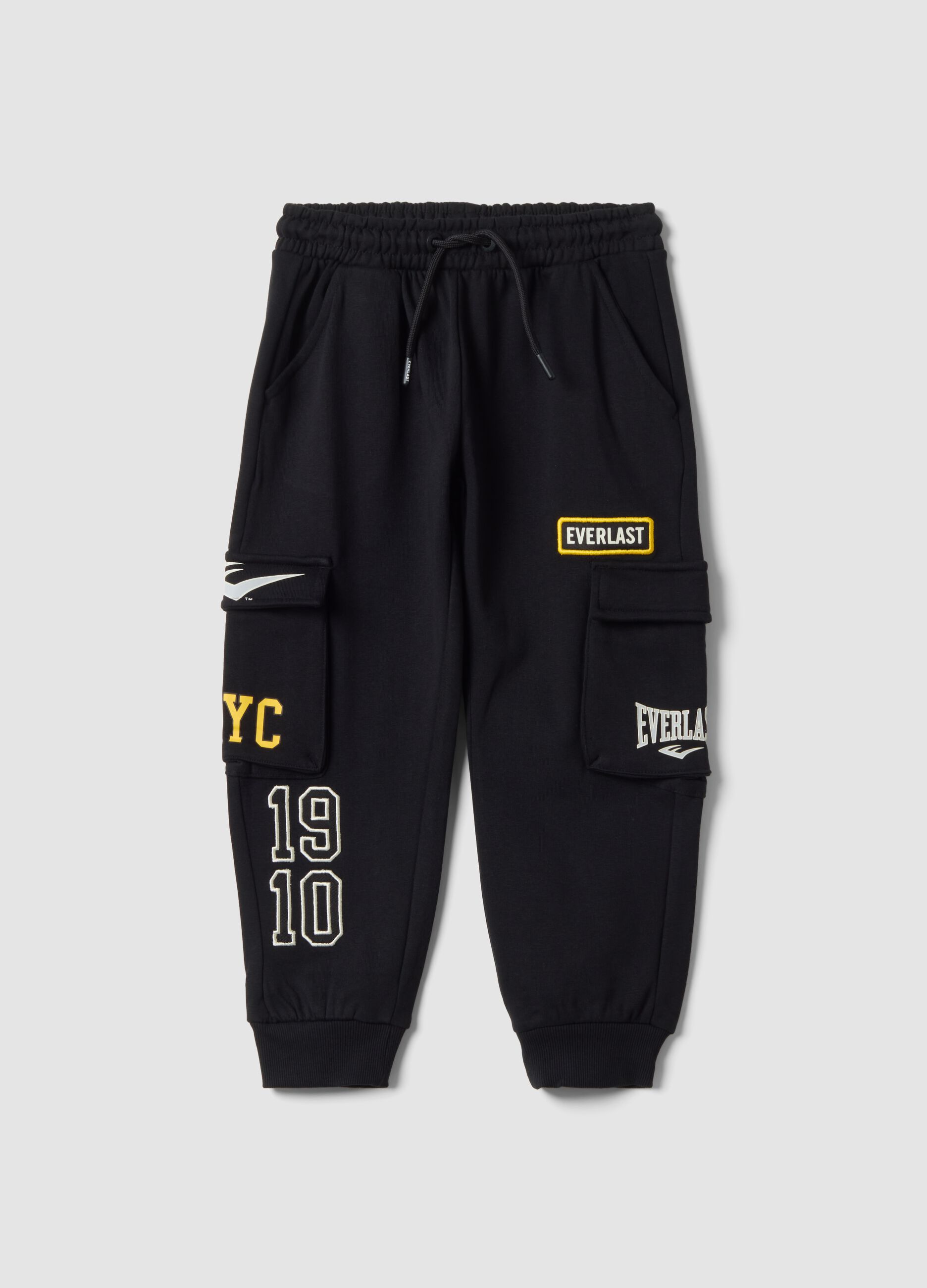 Black pure cotton cargo jogger trousers with appliqu&eacute; for boys