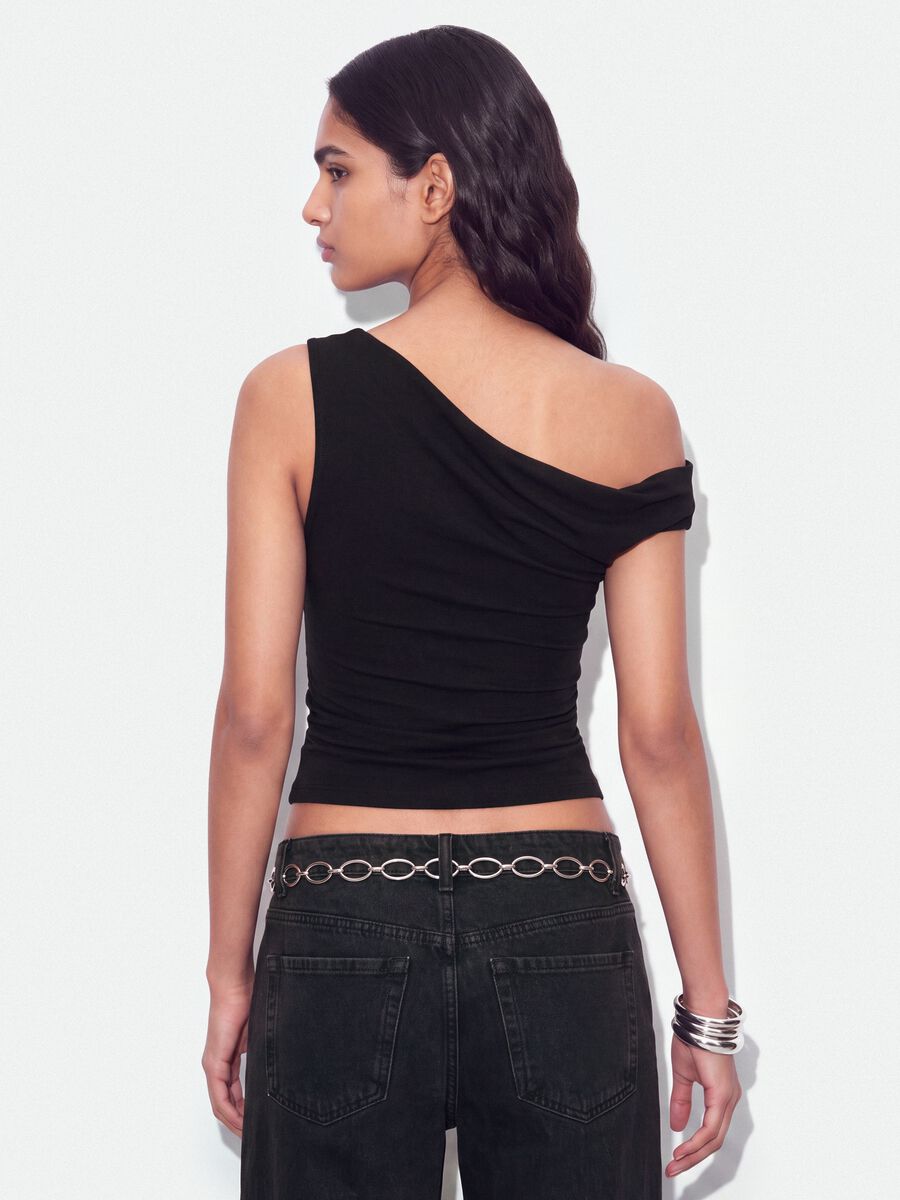 Black asymmetric one-shoulder slim-fit stretch viscose top_3