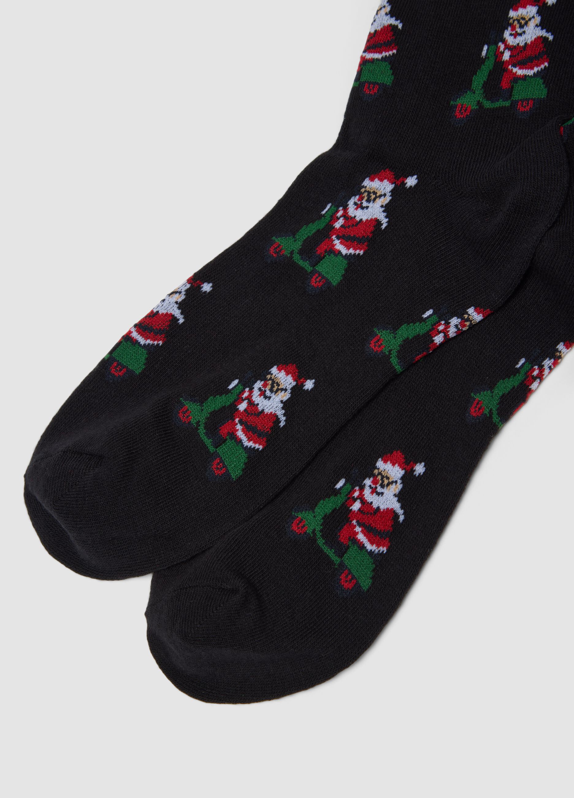 Black over-the-calf stretch-cotton socks with Christmas print
