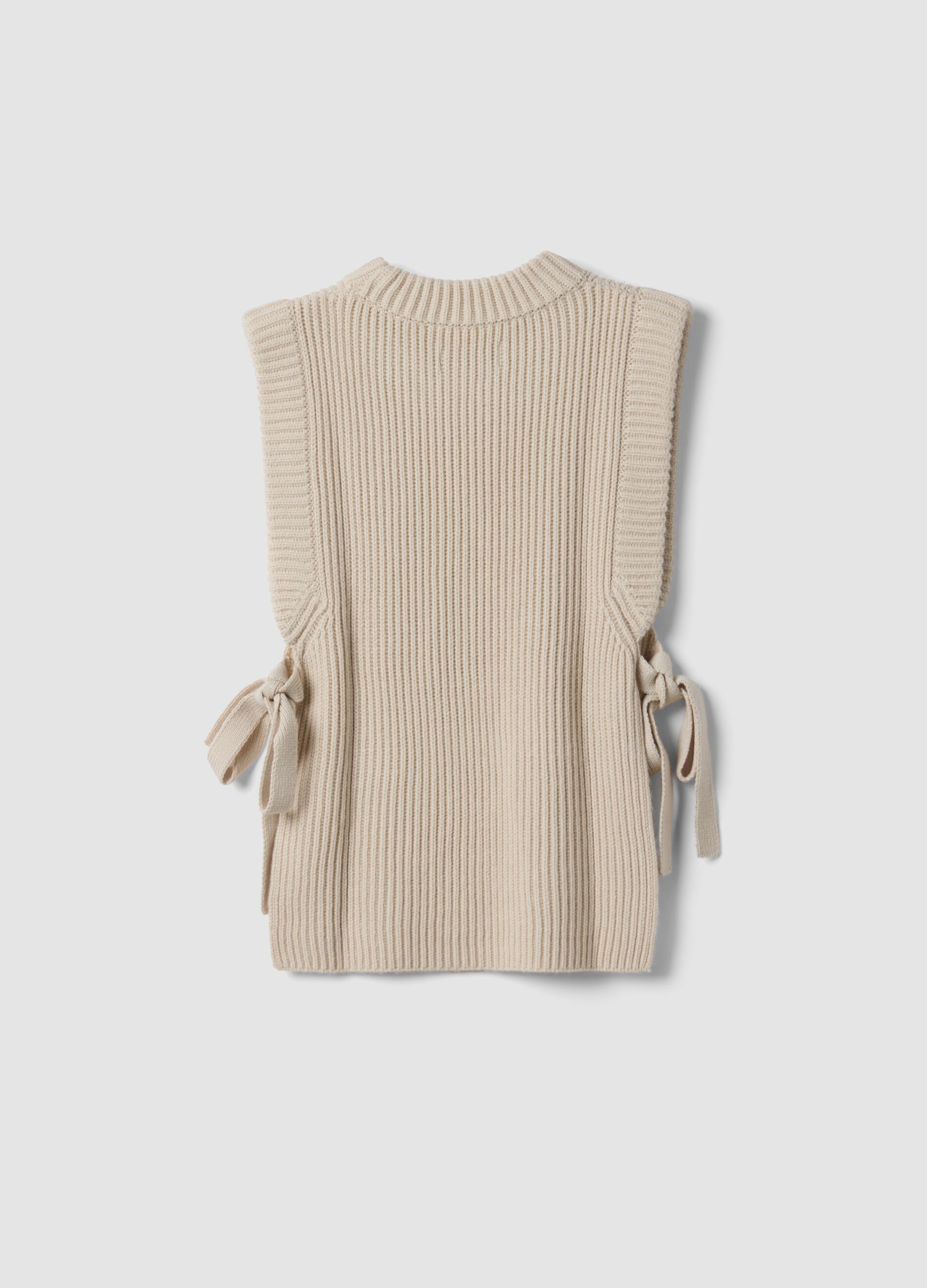 Beige ribbed wool-blend gilet with side ties, regular fit