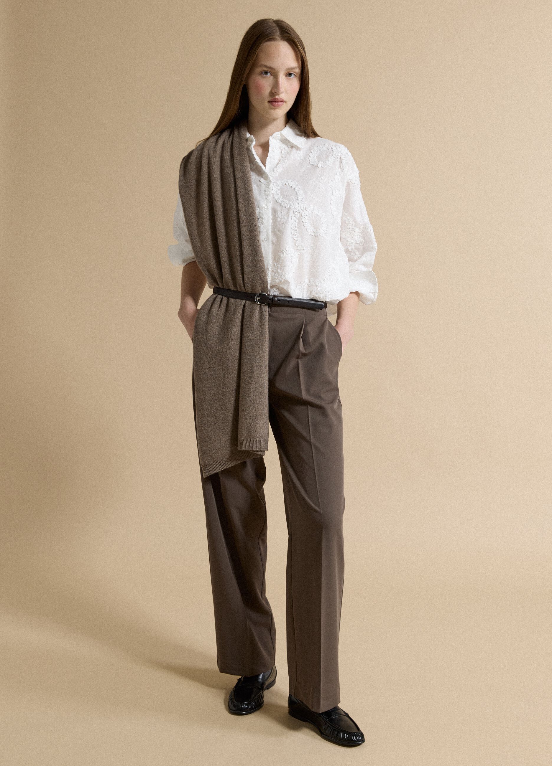 Brown formal stretch-viscose regular-fit trousers