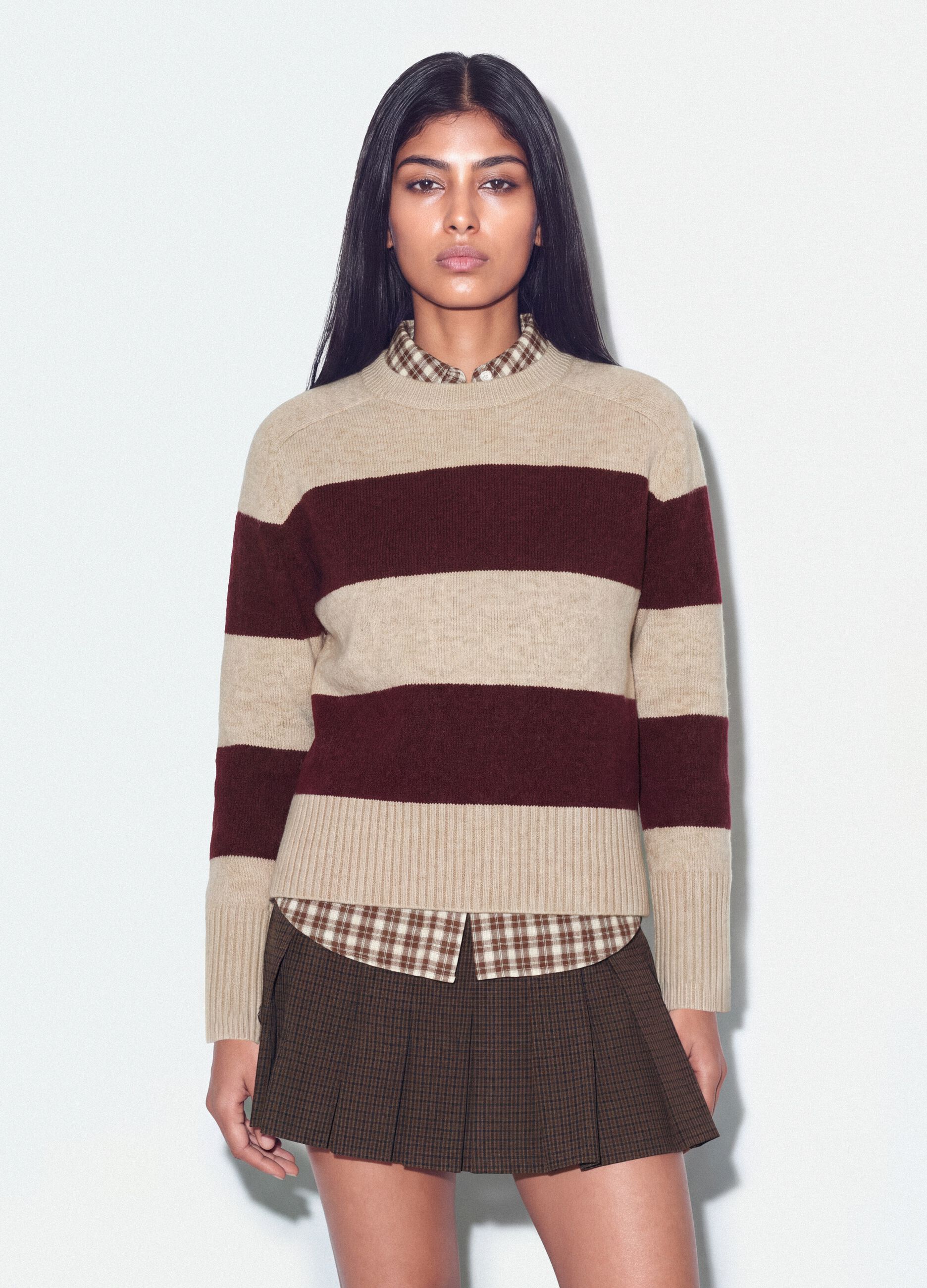 Beige striped stretch wool crew-neck jumper